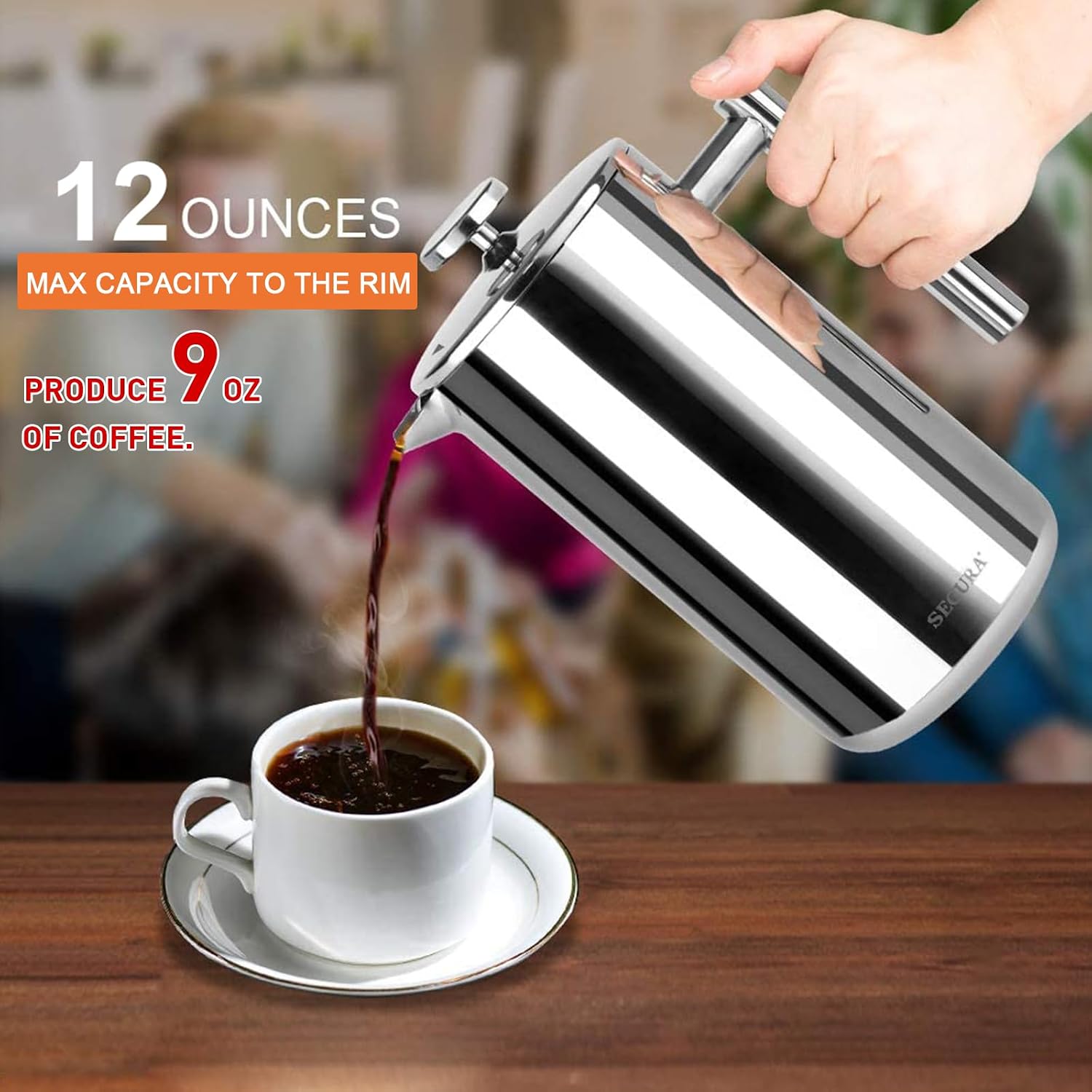 Secura French Press Coffee Maker, 304 Grade Stainless Steel Insulated Coffee Press with 2 Extra Screens, 34oz (1 Litre), Silver