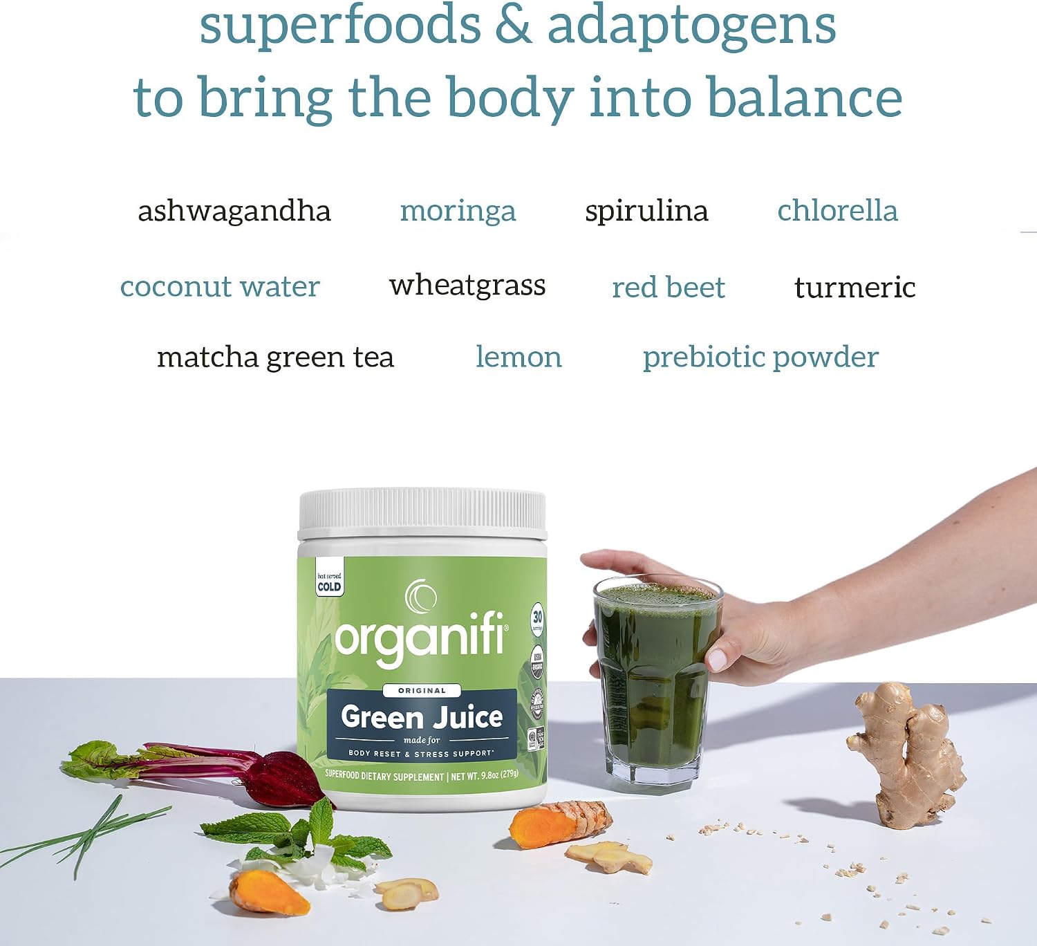 Organifi Green Juice - Powder Supplement with Organic Spirulina, Ashwagandha, and Chlorella - Helps Achieve Fitness Goals and Reduce Cortisol Levels, 30-Day Supply