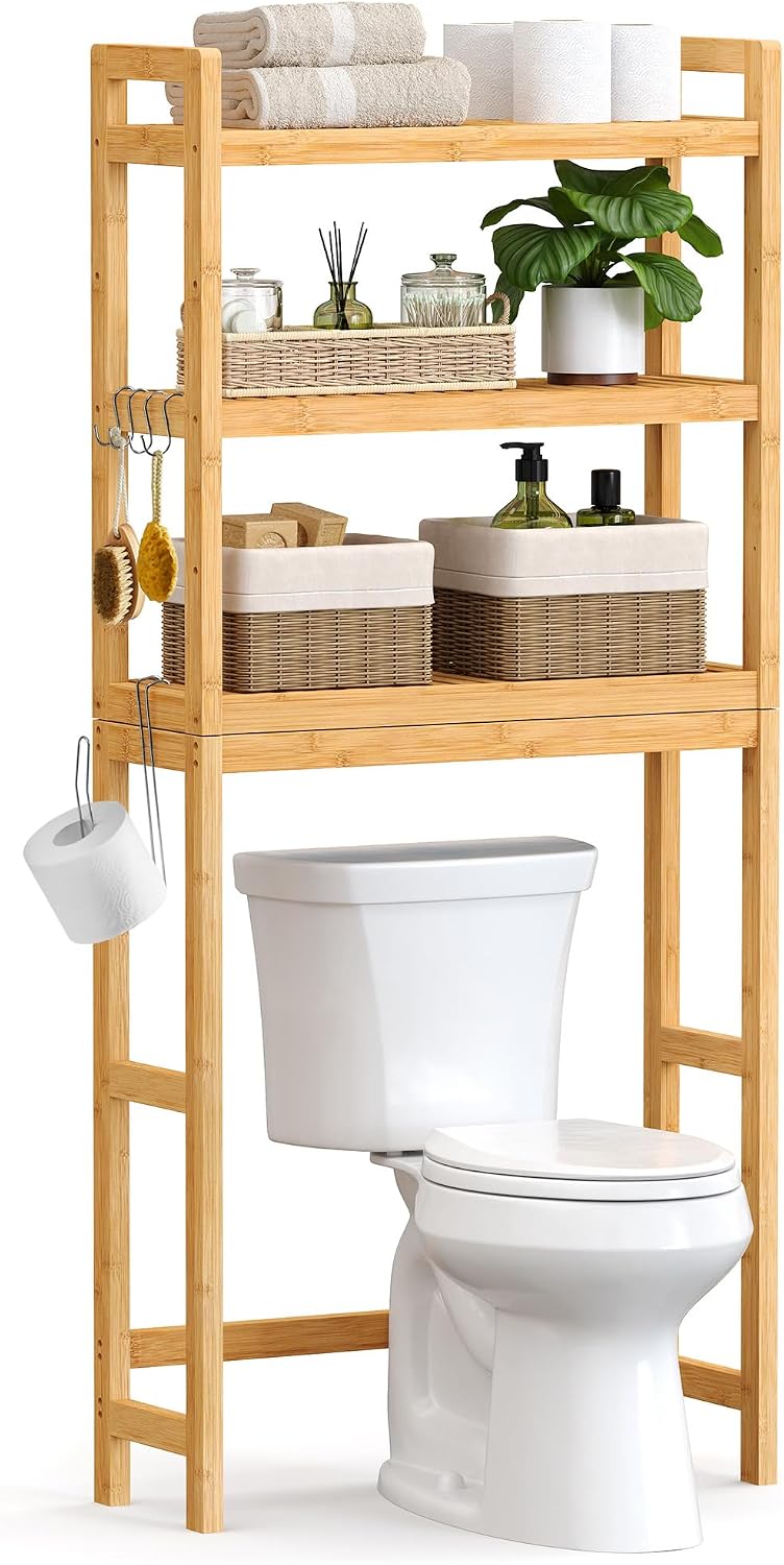 SONGMICS Over The Toilet Storage, 3-Tier Over Toilet Bathroom Organizer with Adjustable Shelf, 10.2 x 24.8 x 66.9 Inches, Space-Saving, Cloud White UBTS01WT