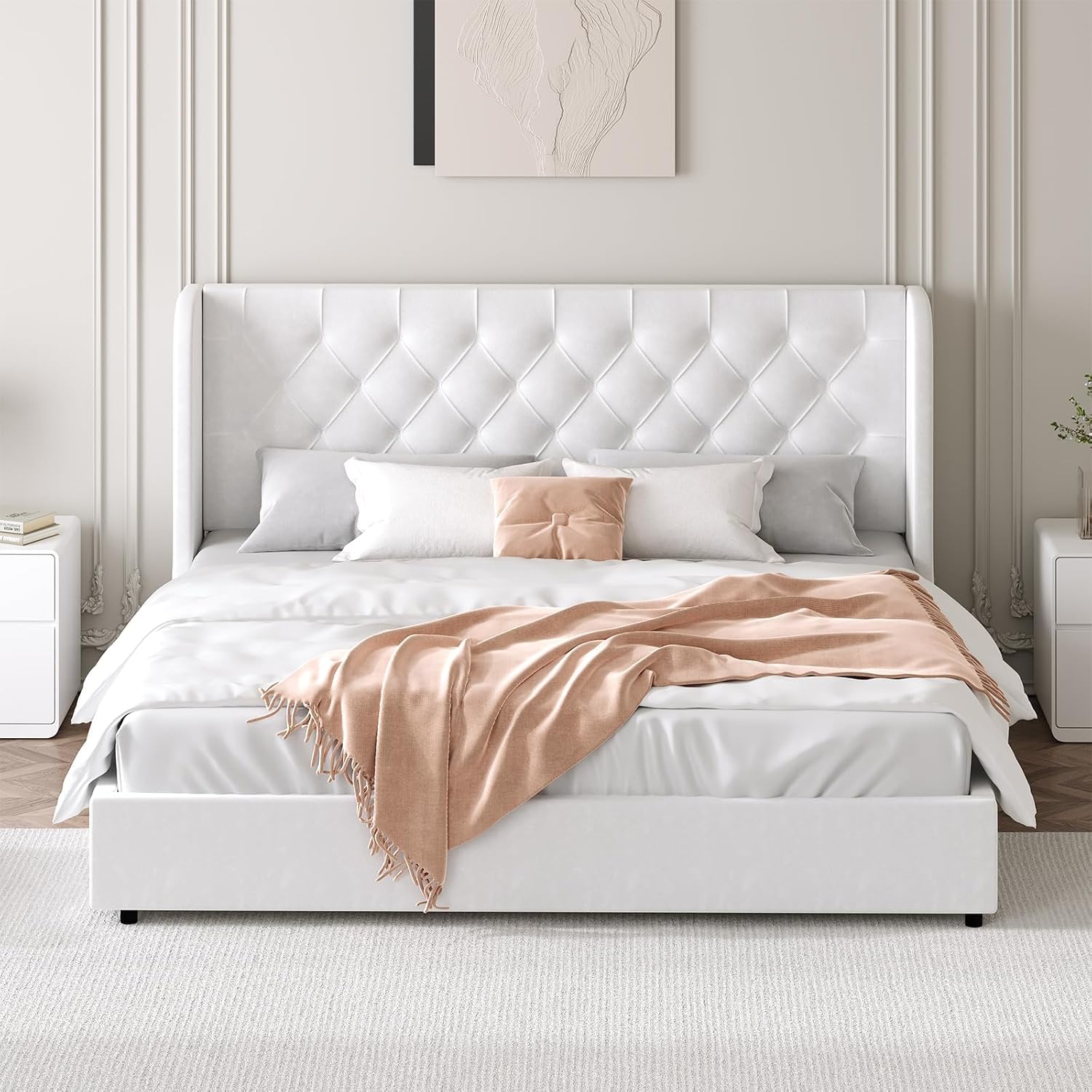 HOMBCK Full Size Bed Frame with Headboard, Upholstered Platform Bed, White | Velvet Tufted Curved Wingback/Wooden Slats Support/No Box Spring Needed/Noise-Free/Easy Assembly
