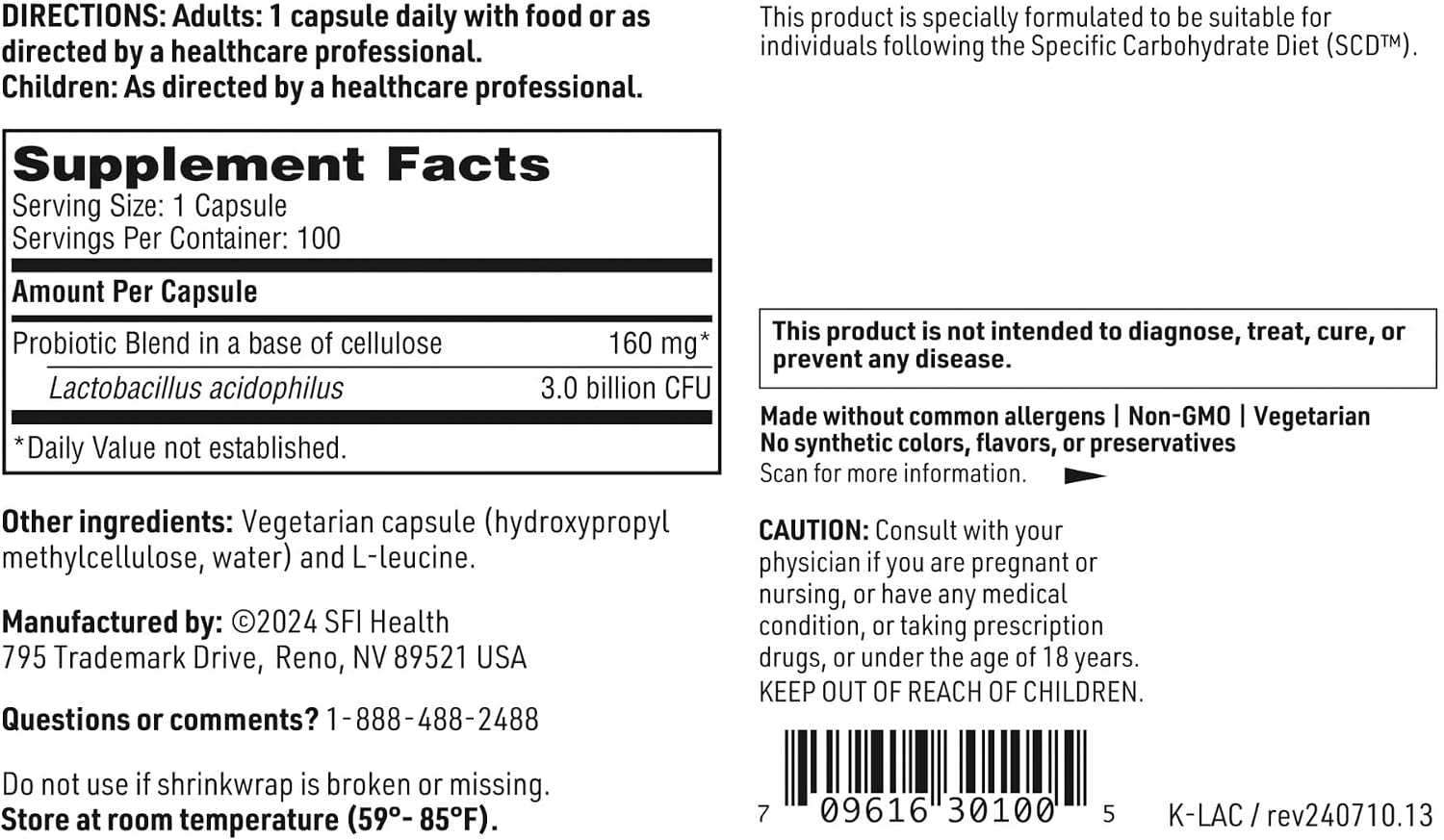 Klaire Labs SFI Health L. Acidophilus, 100 Capsules | 3 Billion CFU Lactobacillus Probiotic, Pure SCD Compliant Formula for Men & Women, Hypoallergenic & Non-Dairy