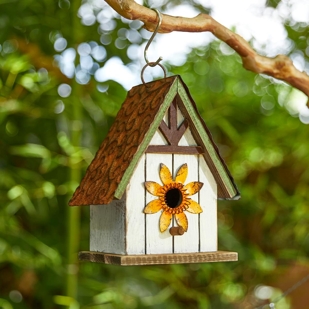 Glitzhome Bird Houses for Outside,10" H Rustic Wooden Bird House Garden Distressed Decorative Birdhouse for Outdoors, Hanging Birdhouse for Bluebird Hummingbird Wren Finch Cardinals Cedar