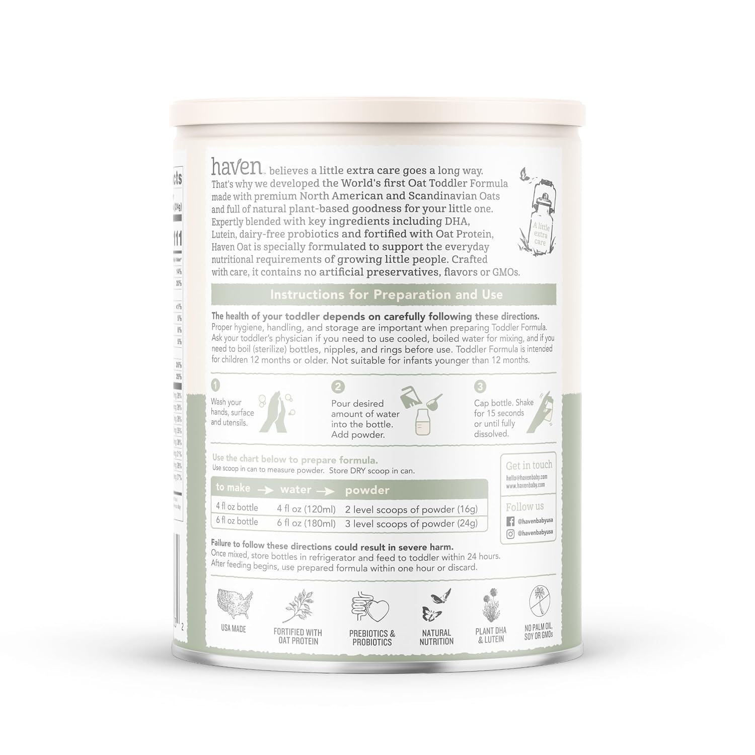 Haven Oat Toddler Formula, Dairy Free, 12+ Months, 14.1oz | European Oat Protein, No Corn Syrup or Maltodextrin, No Palm Oil, Plant-Based DHA Omega-3, Prebiotics & Probiotics, Lutein