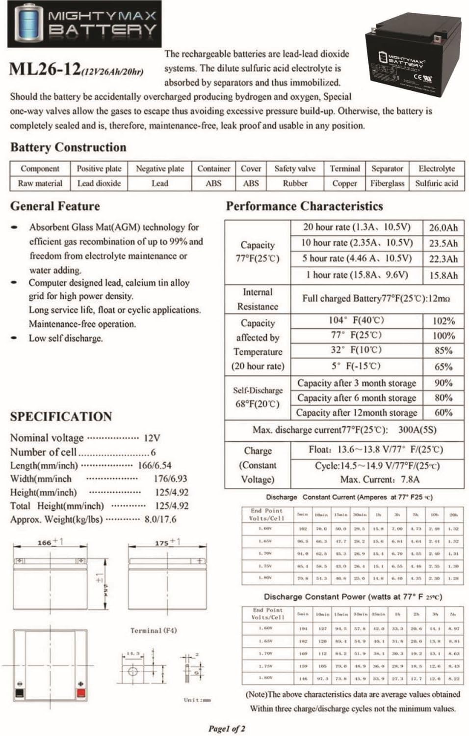ML55-12 - 12 Volt 55 AH, Nut and Bolt (NB) Terminal, Rechargeable SLA AGM Battery