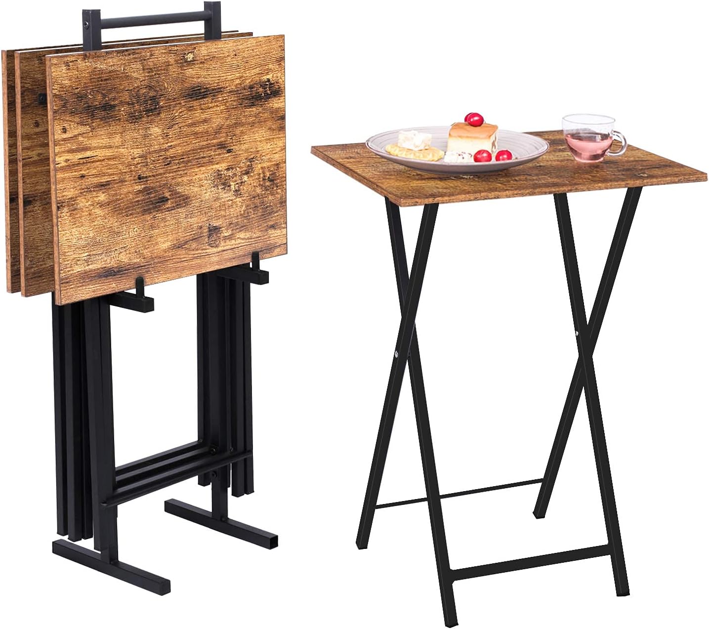 HOOBRO Folding TV Tray Tables, Set of 4 TV Trays with Storage Rack, Industrial Side Table for Eating at Couch, Foldable Snack Table for Small Space