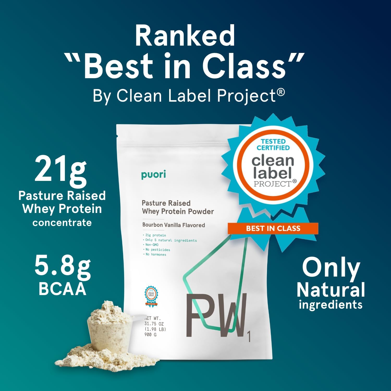 Puori PW1, Grass Fed Whey Protein Powder, Dark Chocolate, 30 Servings | Pasture-Raised Whey Protein Powder Drink Mix containing BCAA Amino Acids - Post-Workout Supplement for Muscle Gain & Recovery
