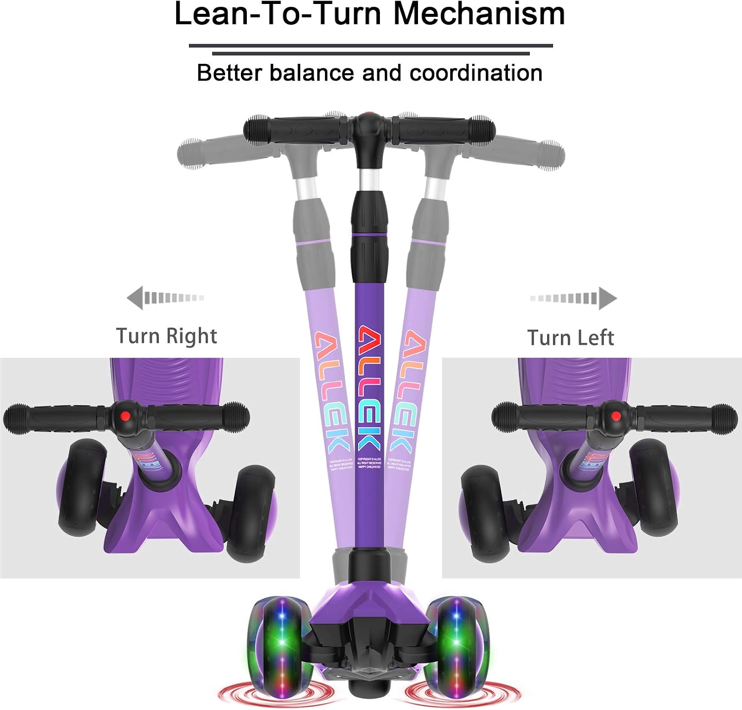 Allek Kick Scooter B03, Lean 'N Glide 3-Wheeled Push Scooter with Extra Wide PU Light-Up Wheels