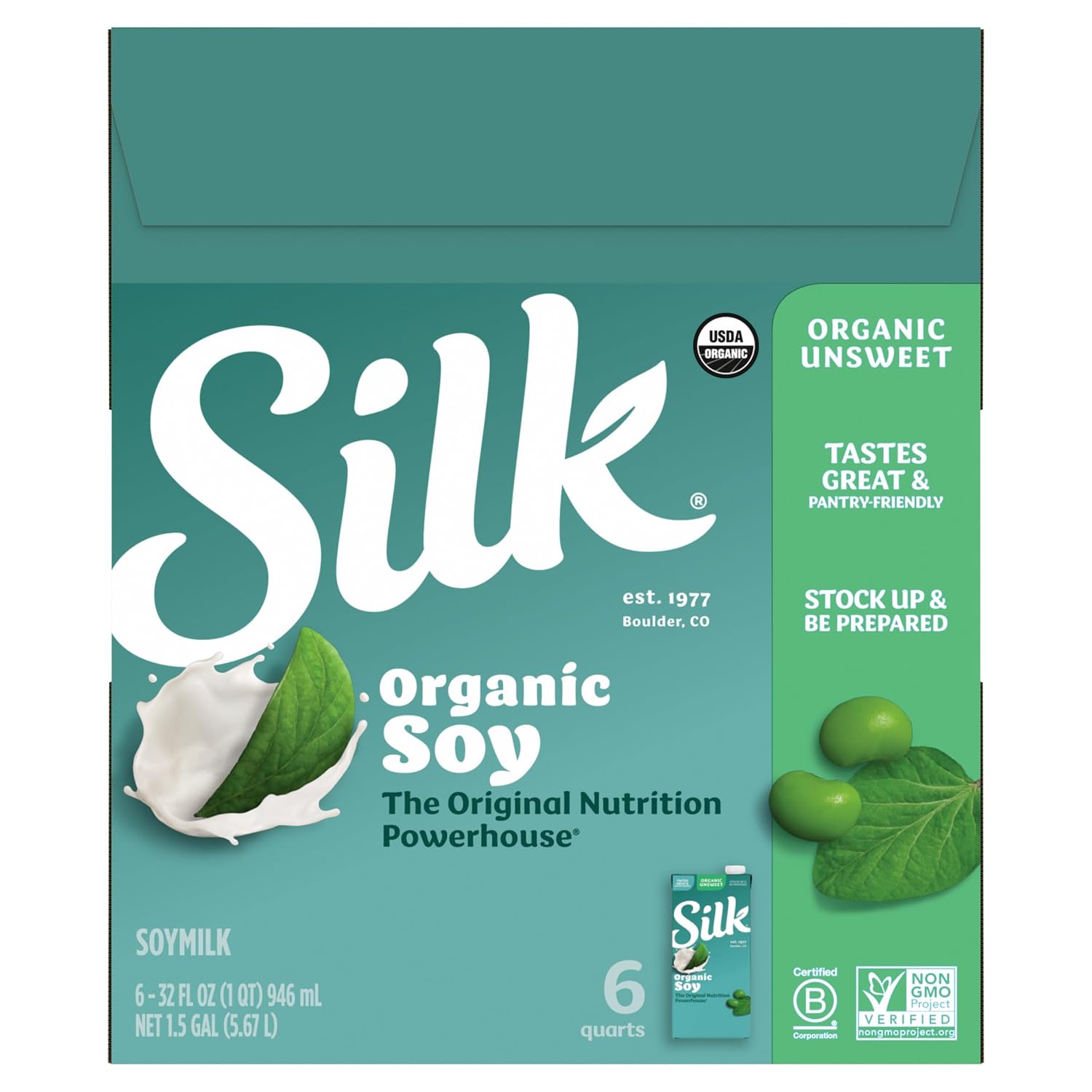 Silk Shelf-Stable Organic Soy Milk, Unsweetened, Dairy-Free, Vegan, Non-GMO Project Verified,32 Fl Oz(Pack of 6)
