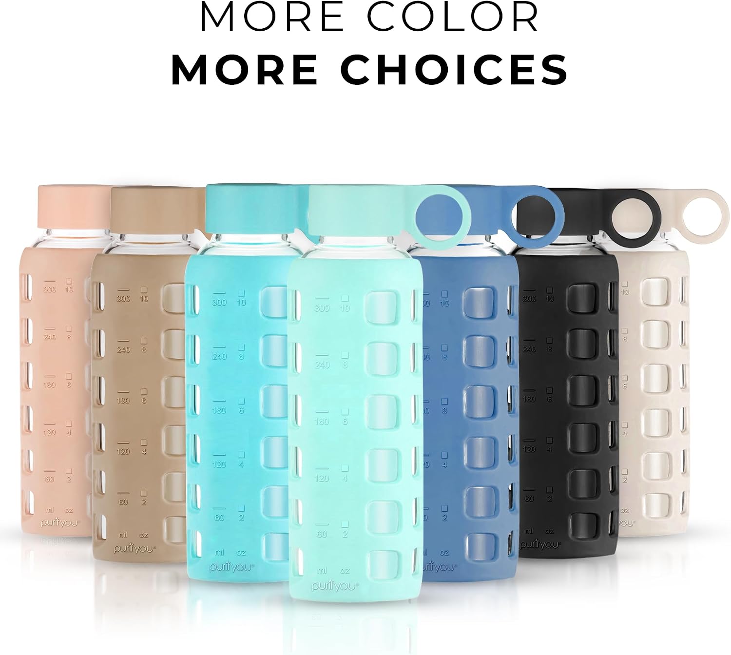 purifyou 40oz / 32oz / 22oz / 12oz Borosilicate Glass Water Bottle with Time & Volume Markers, Silicone Sleeve