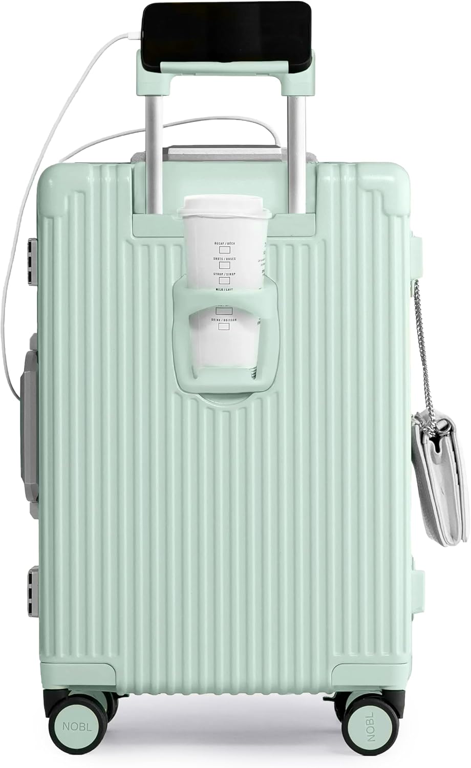 Nobl Travel Carry on Luggage, Zipperless Aluminum Frame, TSA Locks | PC Hard Shell Suitcase, Airline Approved, 360° Spinner Wheels, USB Charging Port, Cup & Phone Holder, 22.5x15x9.5, Ivory