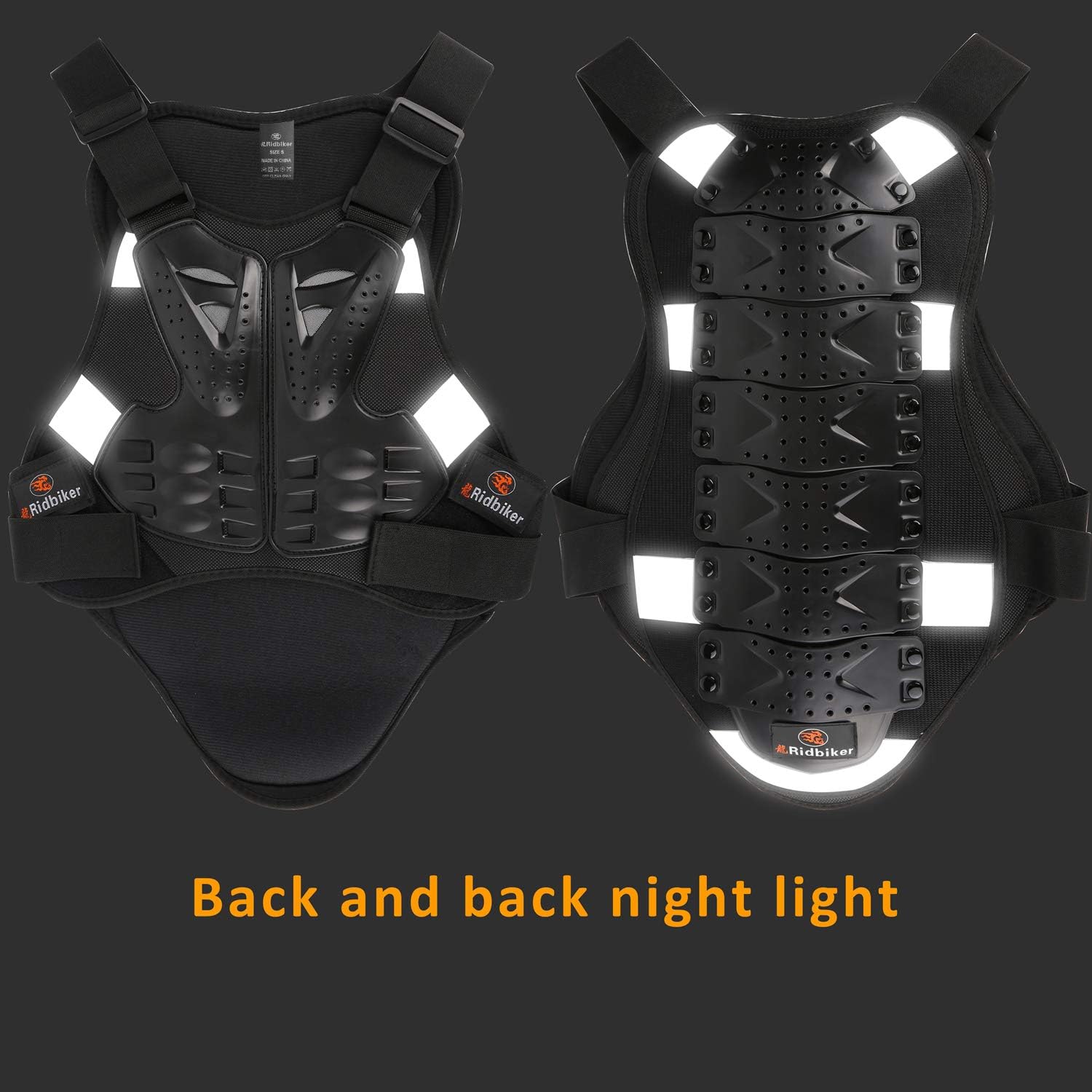 RIDBIKER Chest Protector Motorcycle, Dirt Bike Gear Body Armor Vest Spine Back Protector for Motocross Off-Road (Reflective at Night) (Black, S)