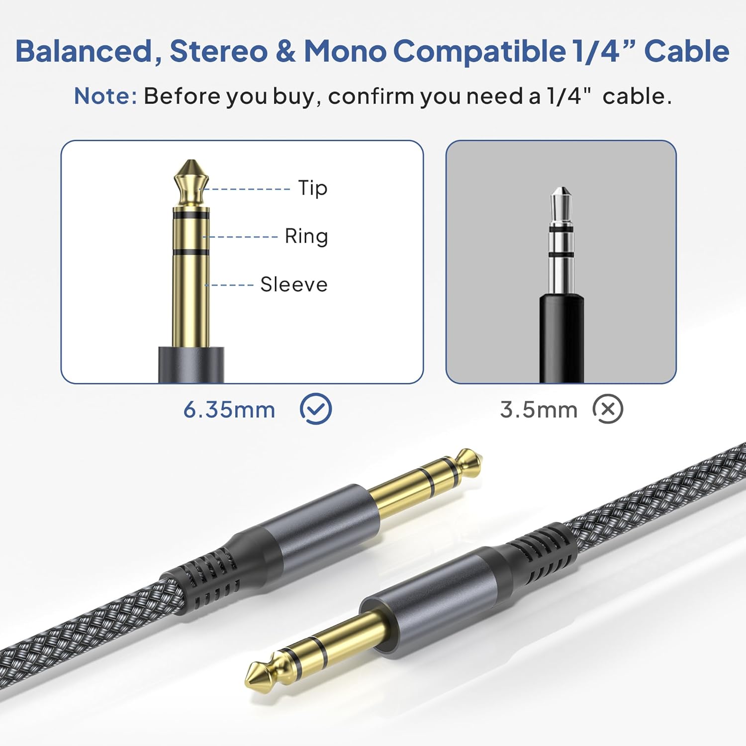 Elebase 1/4 Inch TRS Instrument Cable 10FT 2Pack,6.35mm Male Guitar Cord 3M