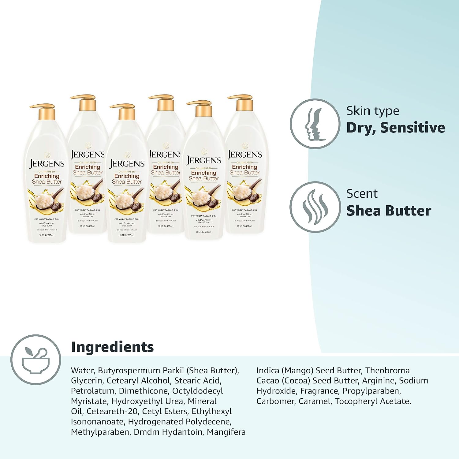 Jergens Shea Butter Body Lotion, Deep Moisturizer for Dry Skin, 26.5 fl oz | Enriching Hand and Body Lotion, Vitamin E, Extremely Dry Skin Relief, 2.5X More Radiant Skin, Deep Conditioning