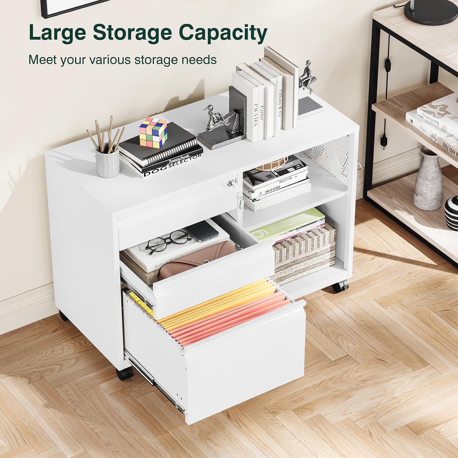 3 Drawer File Cabinet with Lock,Mobile Lateral Filing Cabinet with Side Hook for Letters/Legal/A4, Metal Printer Stand Storage Cabinets with Shelves for Home Office(Black)