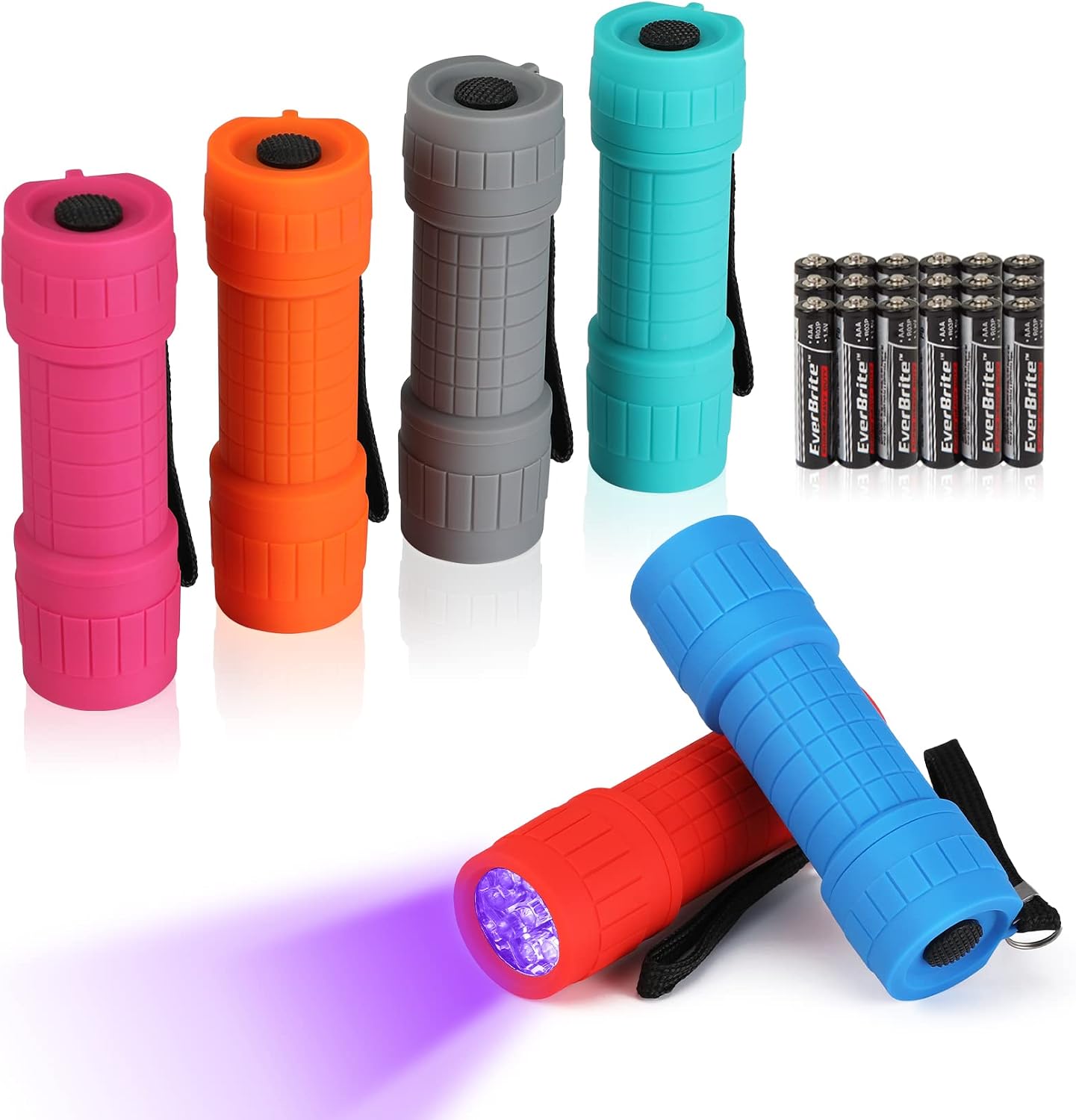 EverBrite Mini Flashlights 6-Pack Mix Colors, Batteries Included | Small, Lightweight, 18 AAA Batteries, 6-Color Set, 9-LED, Wrist Lanyards, for Home, Camping & Emergency use, Holiday Gifts