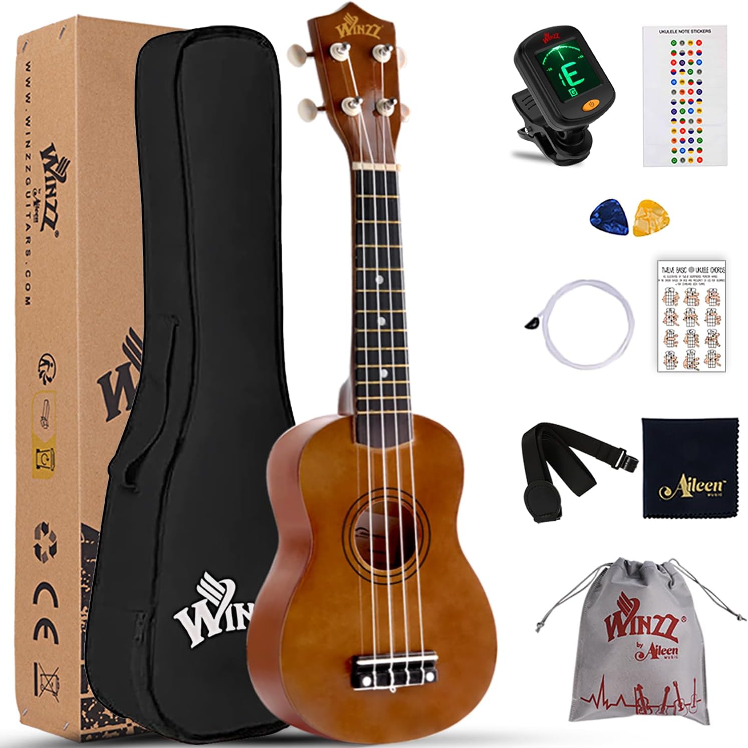 Winzz Soprano Ukulele Starter Kit For Beginners with Bag, Clip-On Tuner, Extra Strings, Strap, Plectrum, Fret Stickers, Chords Card, Polishing Cloth, Black