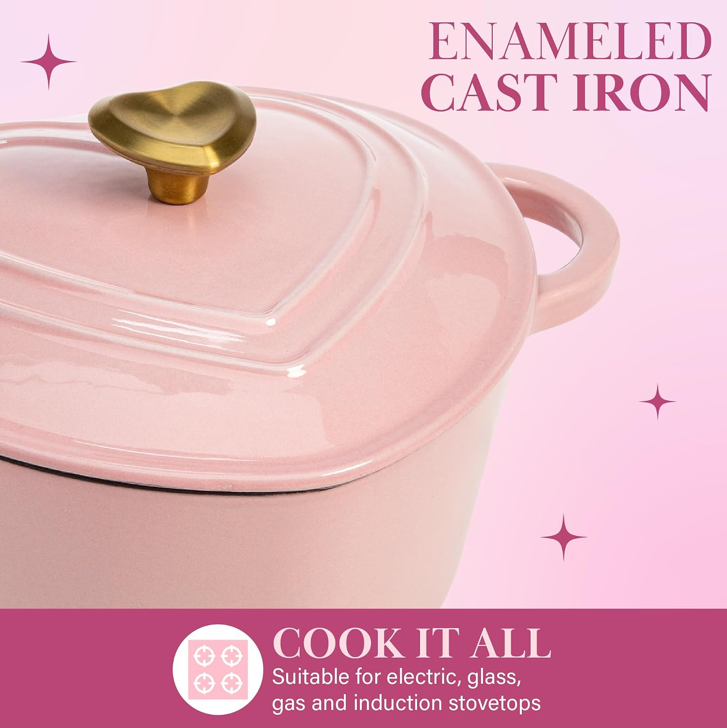 Paris Hilton Enameled Cast Iron Dutch Oven Pot with Lid, Heart-Shaped Dutch Oven, Durable Cast Iron Pot with Dual Handles, Oven Safe to 500°F, Works on All Stovetops, 2-Quart, Cream