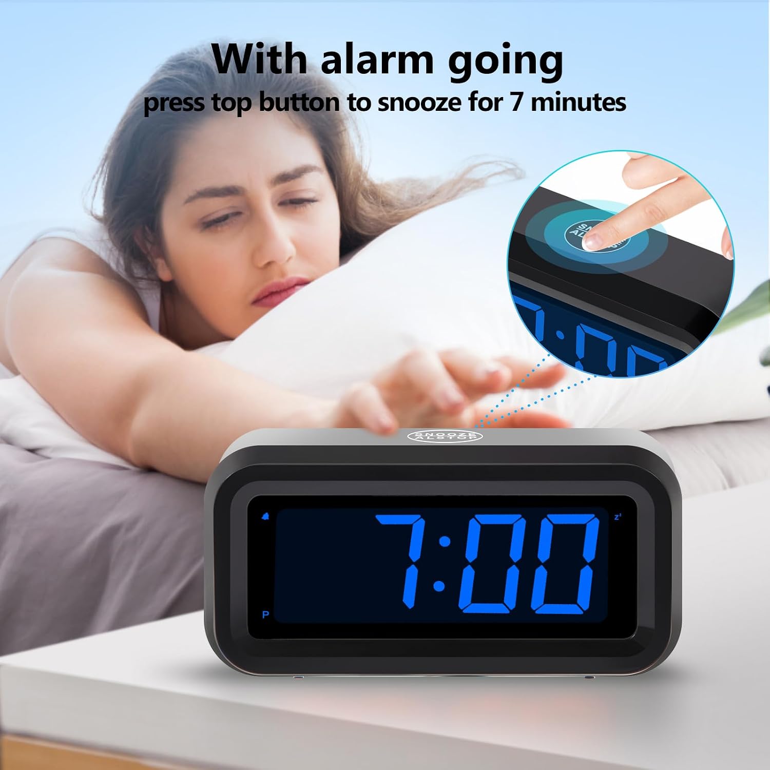 Digital Alarm Clock Battery Operated with LED Display for Bedrooms, Long Battery Life for 12 Months, 3 Brightness Adjustable, 12/24 Hour, Snooze, Black Case with Red Digits