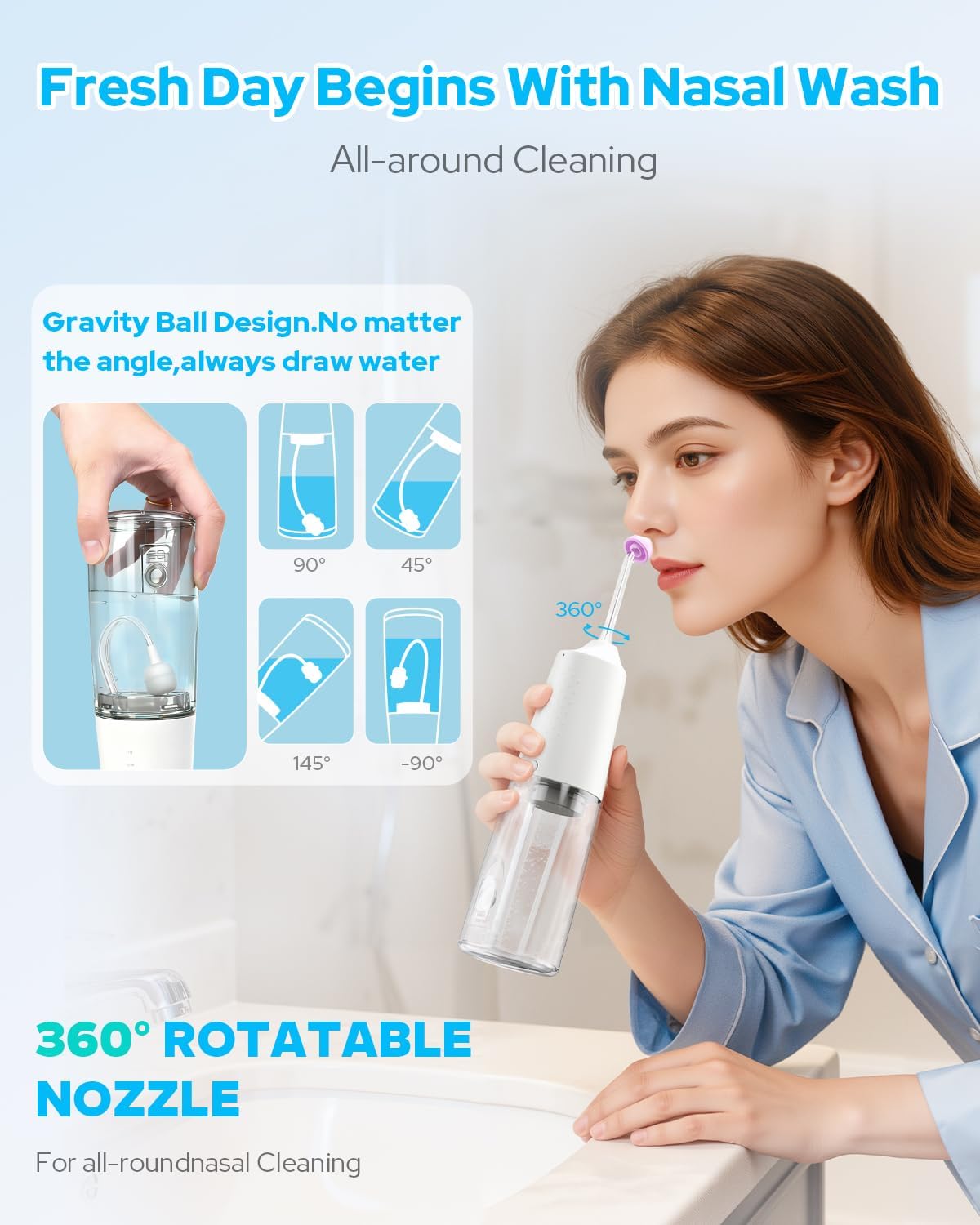 Nasal Irrigation System 300ml Tank with 6 Nozzles & 40 Salt Packets, Cordless Electric Nasal Rinse Machine for Sinus Relief & Allergies
