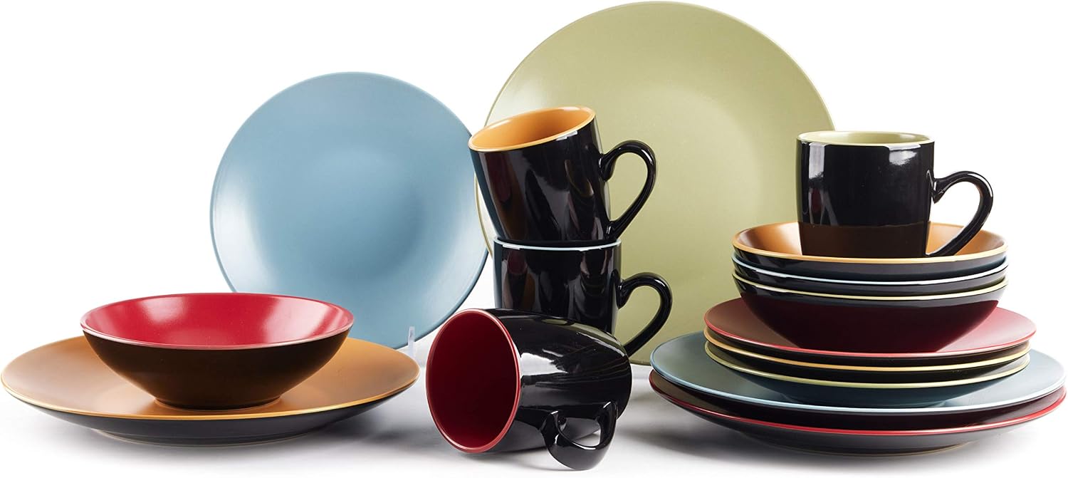 Stoneware Two-Tone Colors Life 16pc Dinner Set，Outside Shiny Black + Inside Matte Glaze Olive