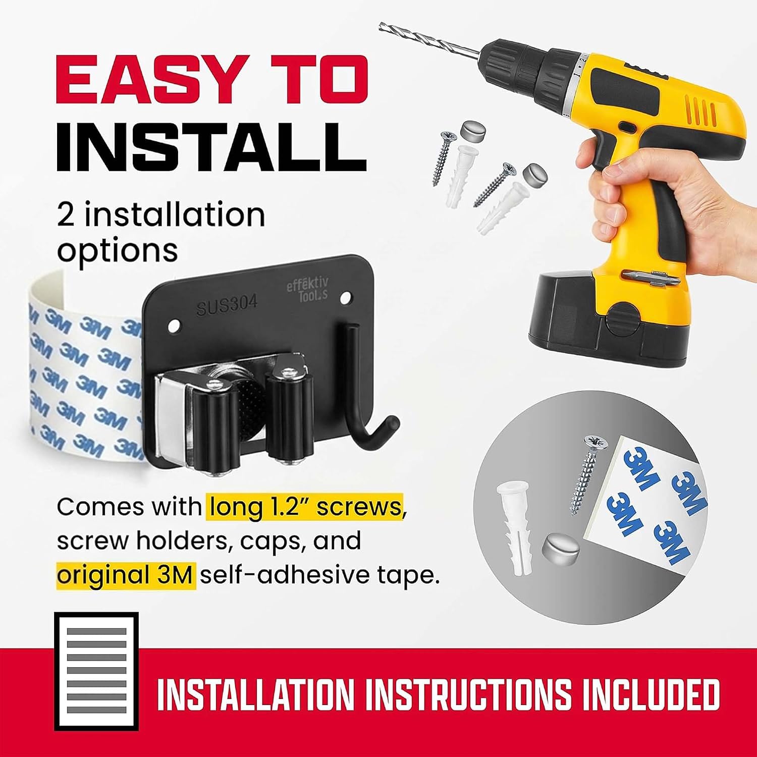 Wall Mount Hanger for Brooms & Mops - Adhesive Stainless Steel Mops & Broom Holder, 4 Clamps, 3 Hooks