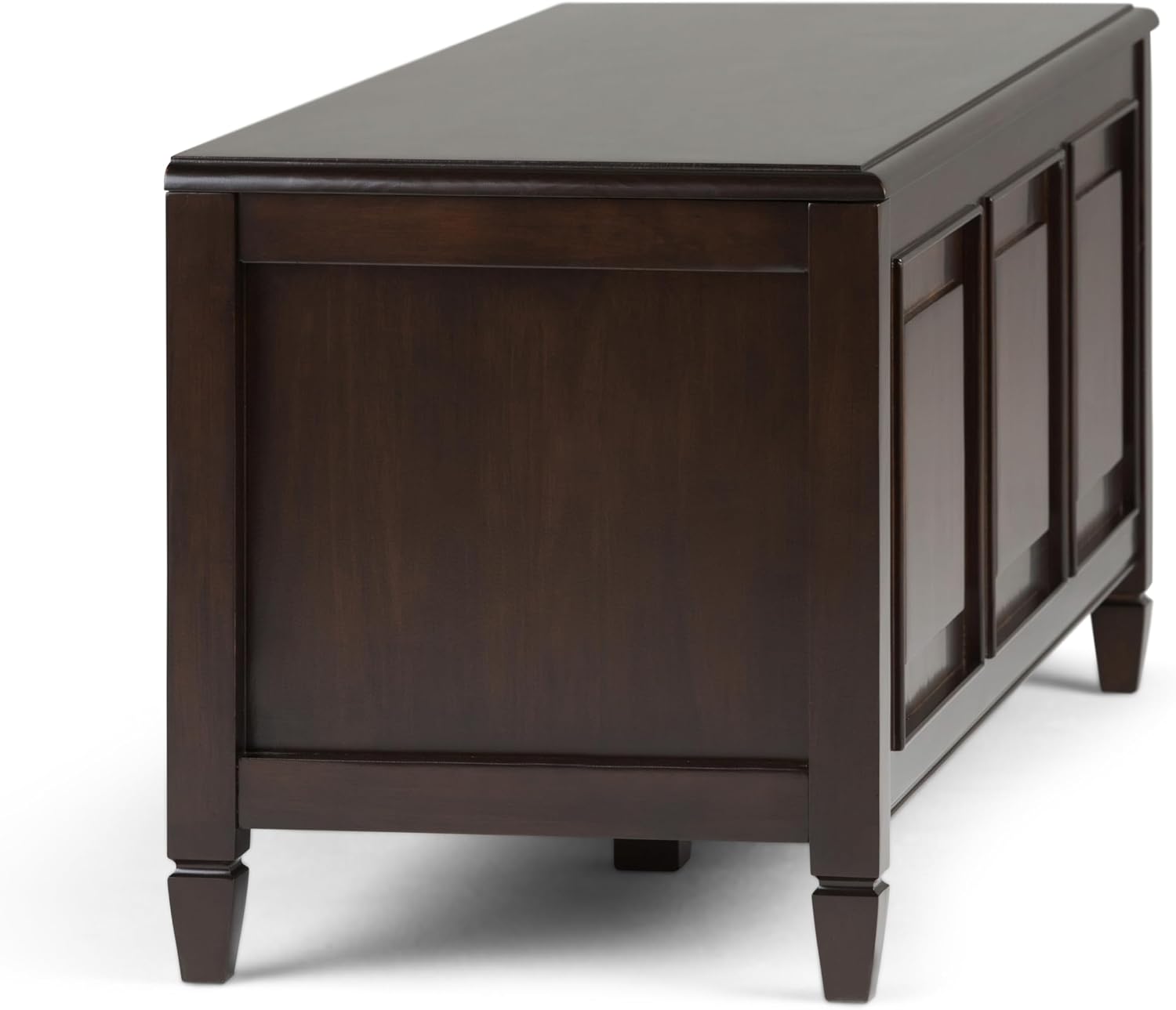 SIMPLIHOME Harvey 47" Wide Solid Mango Wood Bench in Natural | Traditional entryway bench in dark chestnut brown with a lift-up lid and 3 hidden compartments; shoe or hallway bench.