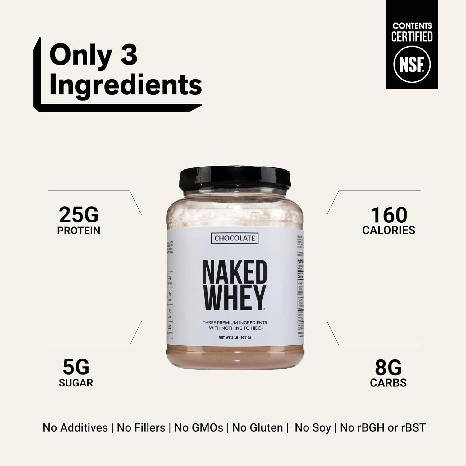 NAKED Whey 5LB 100% Grass Fed Unflavored Whey Protein Powder - Only 1 Ingredient, NSF Certified, Undenatured, Gluten Free, Soy Free, Promote Muscle Growth and Recovery - 76 Servings