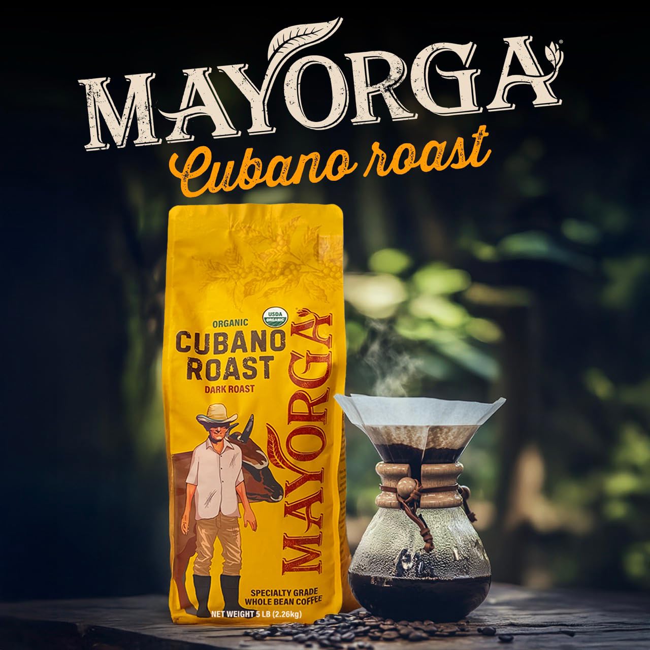 Mayorga Organic Coffee 12oz Cafe Cubano Roast - Dark Roast Whole Bean Coffee Specialty Grade, 100% Arabica, Slow Roasted, Bold and Smooth Flavor with Low Acidity - USDA Organic, Non-GMO, Kosher,