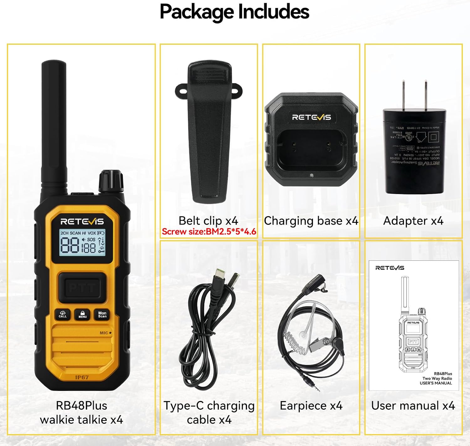 Retevis RB48PLUS GMRS Walkie Talkies Long Range,IP67 Waterproof 2 Way Radio | Repeater Capable, Dual PTT, Vibration Alert, NOAA, SOS, for Hurricane Preparedness, Emergency Communication, Outdoor, 2 Pack