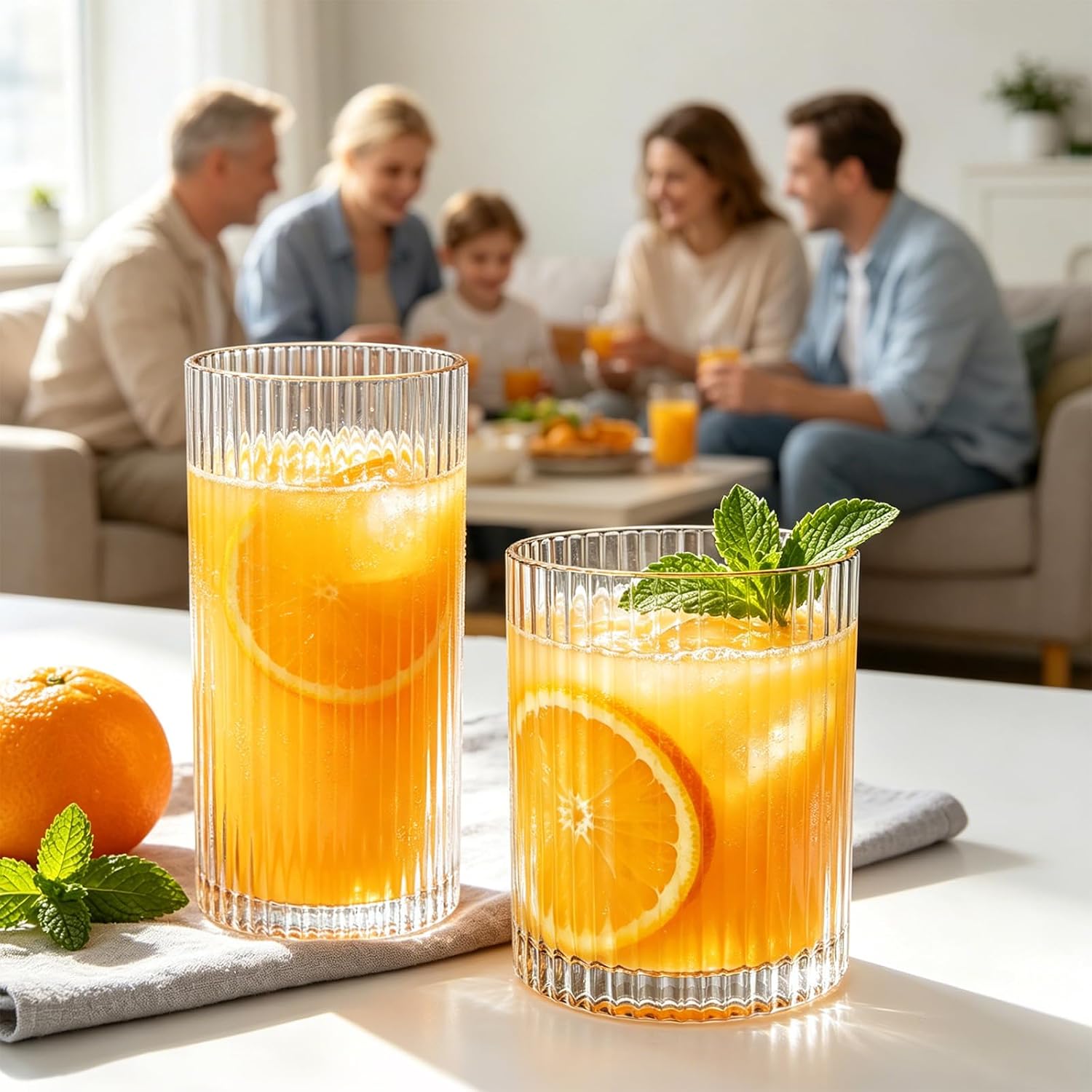 INSETLAN Set of 8 Vintage Glassware - 4 Highball Glasses 12 oz, 4 Rocks Glass Cups 14 oz, Ribbed Glassware Cocktail Glasses, Ideal for Wine, Juice