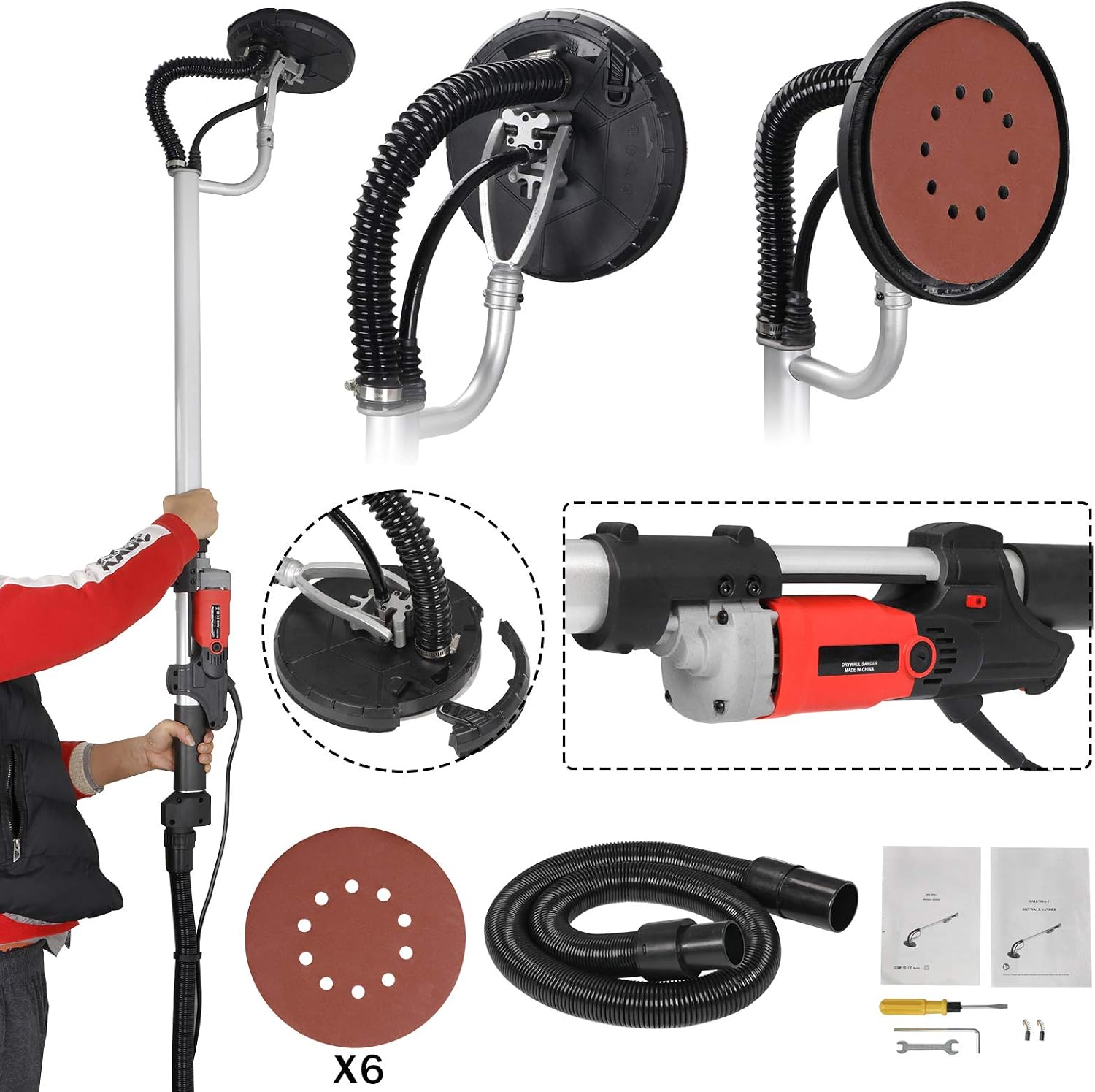 JupiterForce 800W Electric Drywall Sander Automatic Vacuum System Adjustable Variable Speed with 6 Sanding Discs