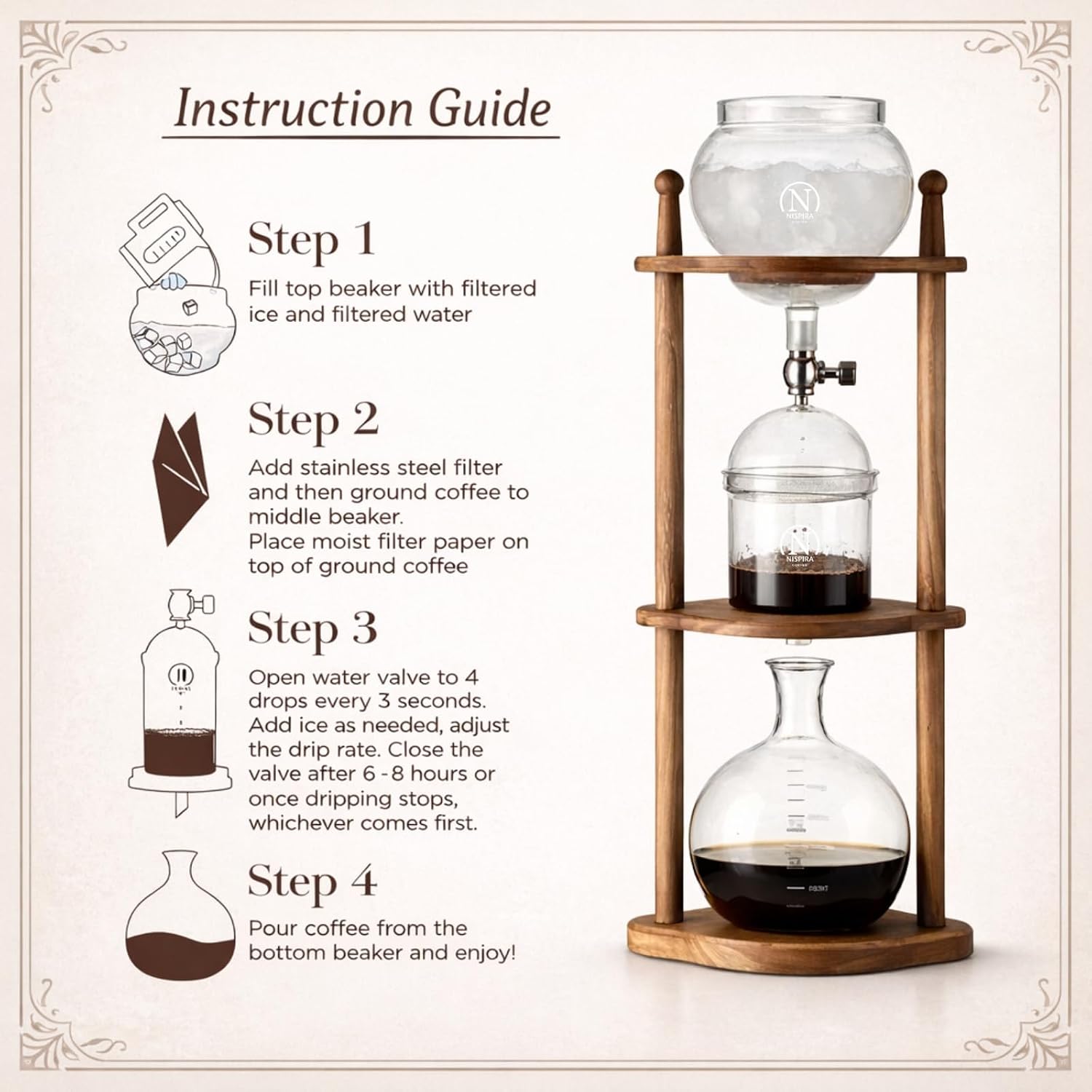 Nispira Iced Coffee Cold Brew Drip Tower Coffee Maker, 6–8 Cup Manual Cold Brew Brewer with Adjustable Valve, Wooden Frame & Glassware, Slow Cold Extraction System