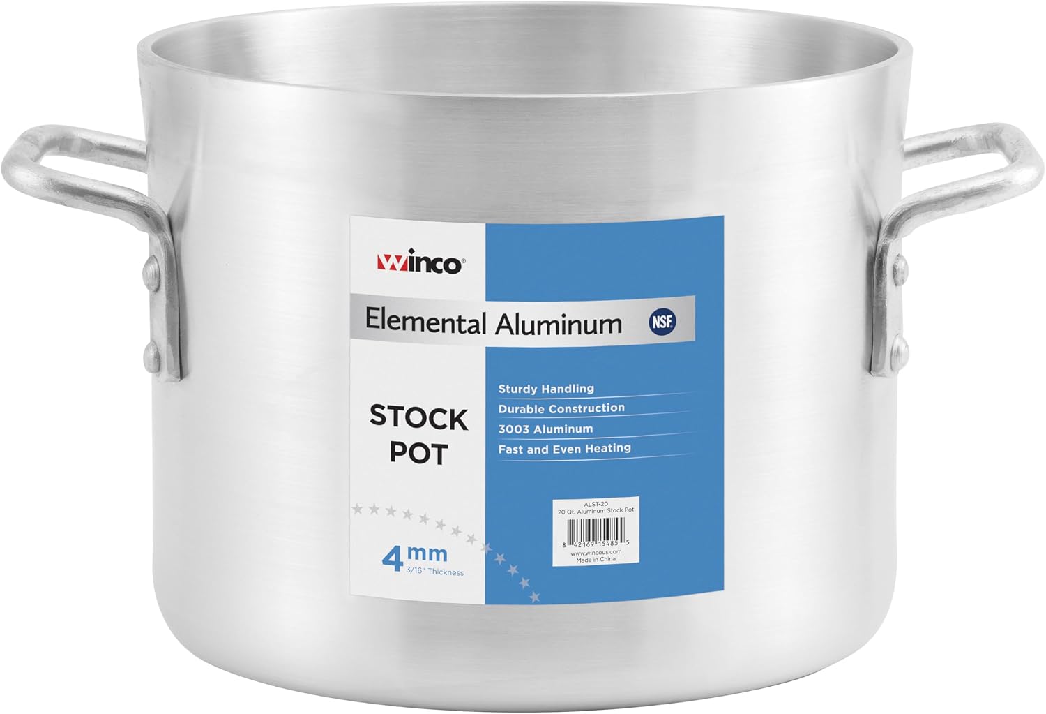 Winco 20 qt Aluminum Heavy-Duty Stock Pot | Thick walls, Riveted handles, Wide base, Great for Stocks, Soups, Pasta and Batch Cooking