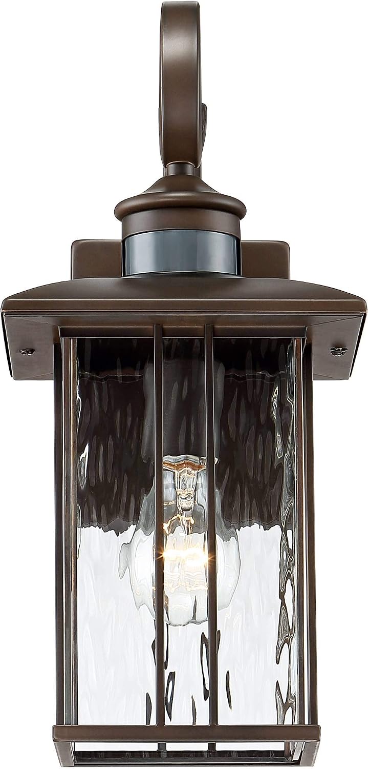 Deaver 15 1/4" Rubbed Bronze Motion Sensor Outdoor Wall Light Fixture | Modern Oil Clear Water Glass Lantern Dusk to Dawn Security Exterior House