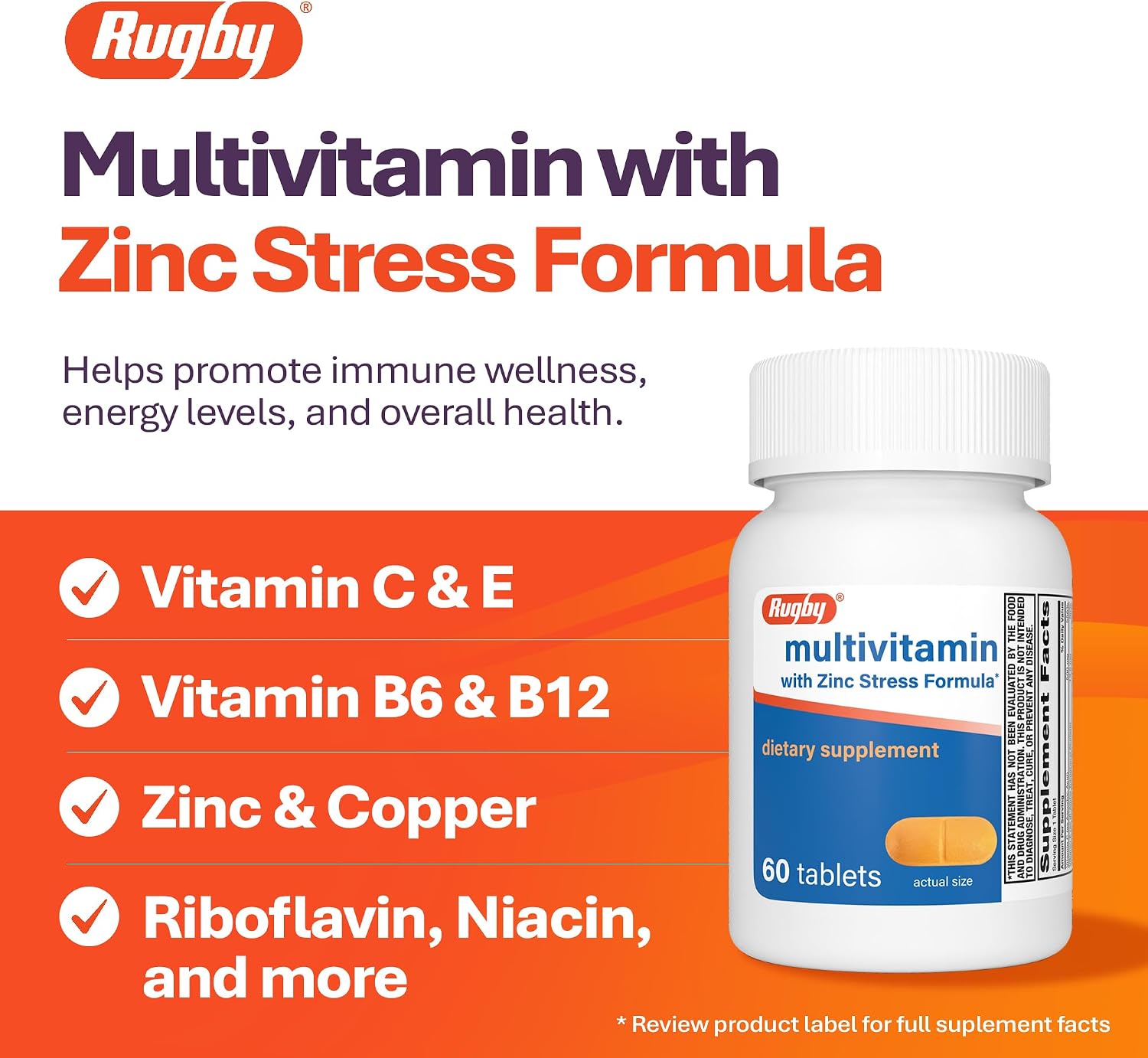 Rugby Multivitamin with Zinc Stress Formula - 60 Count (1-Pack)