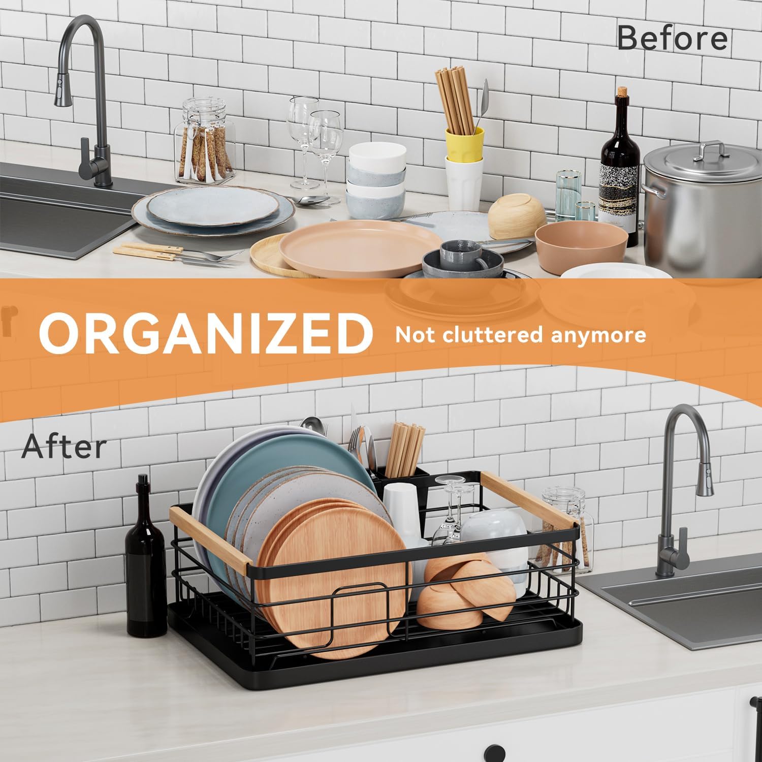 BRIAN & DANY Dish Drying Rack, Dish Racks for Kitchen Counter, Stainless Steel Dish Drainer with Removable Cutlery Holder & Drainboard, White