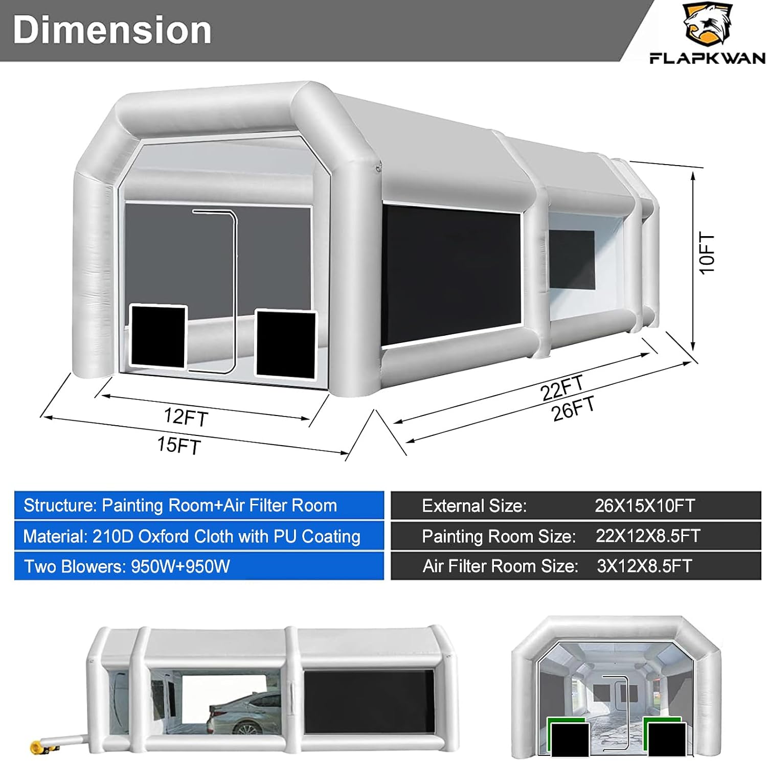 28X15X10FT Inflatable Spray Paint Booth Tent with Upgrade High-Power Blowers 950W+950W