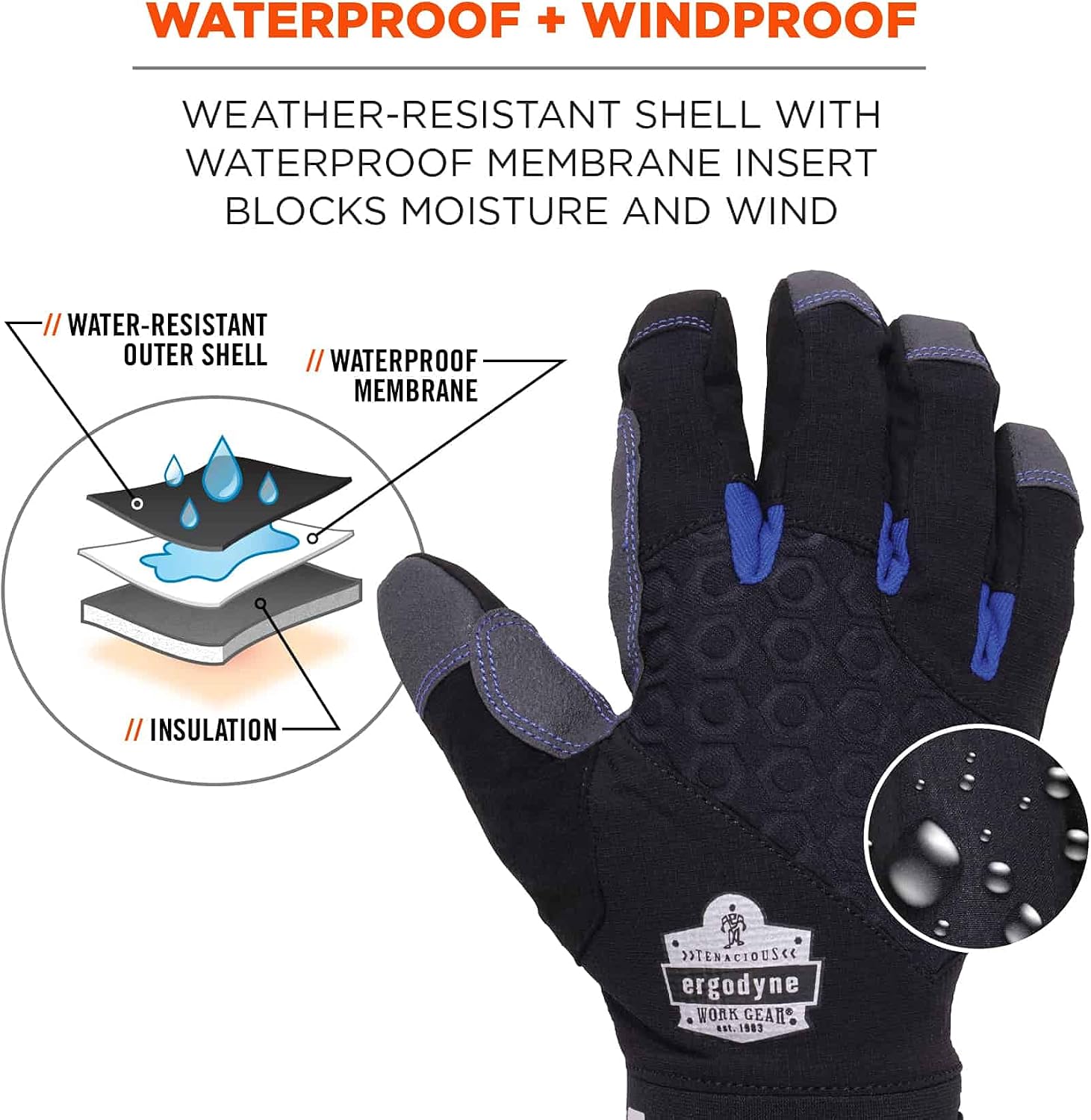 Ergodyne unisex adult Reinforced Thermal Waterproof Winter Work Gloves, Black, Large Pack of 1 US