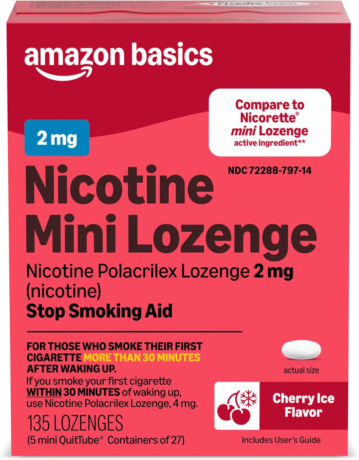Amazon Basics Mini Nicotine Polacrilex Lozenge, 2 mg, Cherry Ice Flavor, Stop Smoking Aid, 135 Count (Previously Amazon Basic Care)