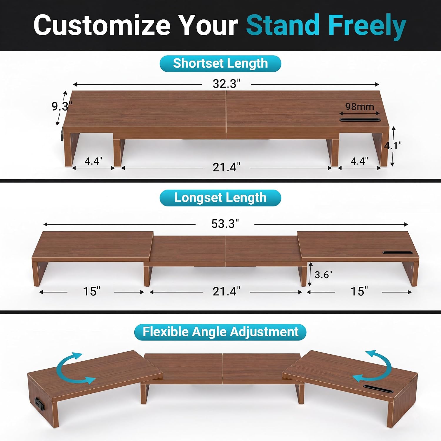 BONTEC Dual Monitor Stand Riser, Adjustable Length & Swivel Angle, Black