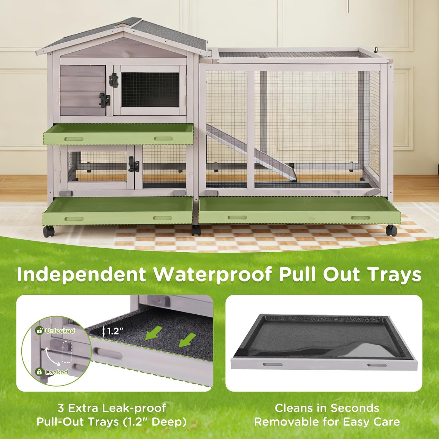 Indoor Rabbit Bunny Hutch Outdoor, Guinea Pig Cages with Removable Bottom Wire Netting - Easy Clean