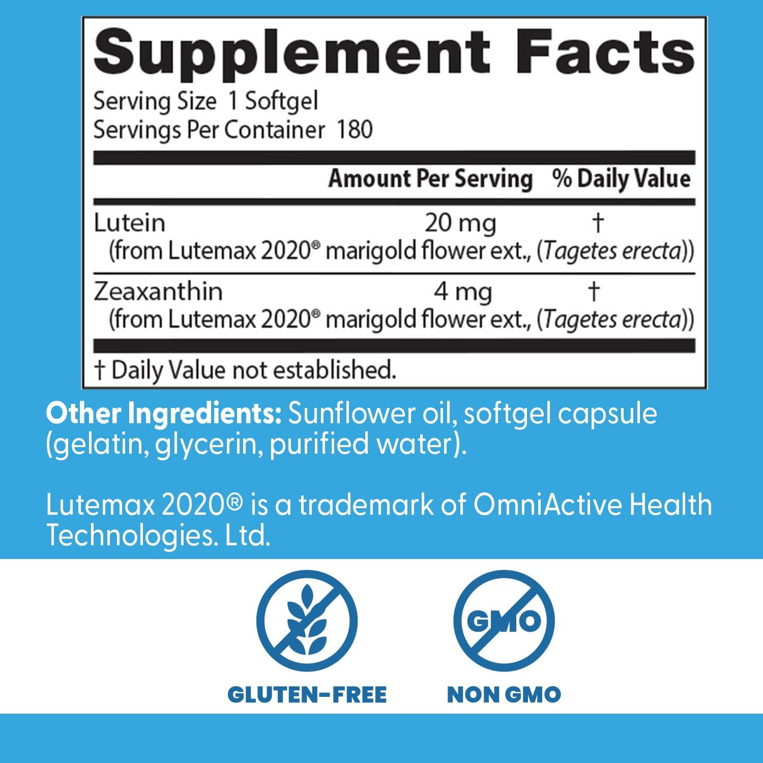 Doctor's Best Lutein Supplement 20mg with Zeaxanthin - Lutein for Eyes, Eye Health Vitamins for Men & Women, Vision and Macular Health Support, Lutemax 2020 Marigold Flower Extract - 180 Softgels