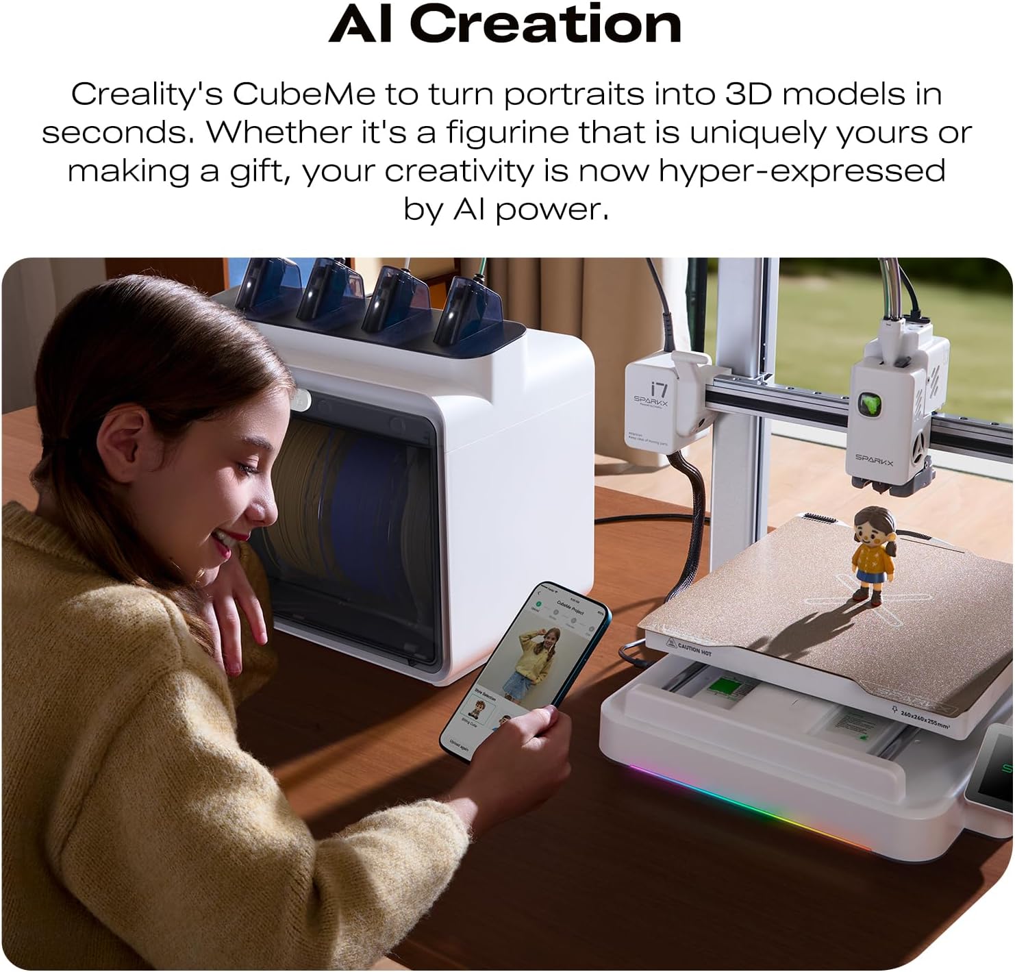 Creality SPARKX i7 Combo 3D Printer, Multi Color with CFS Lite High Speed AI Photo-to-3D Printing 95% Pre-Assemble Auto-Leveling Custom RGB Quick-Swap Essential Parts 10.24×10.24×10 inch