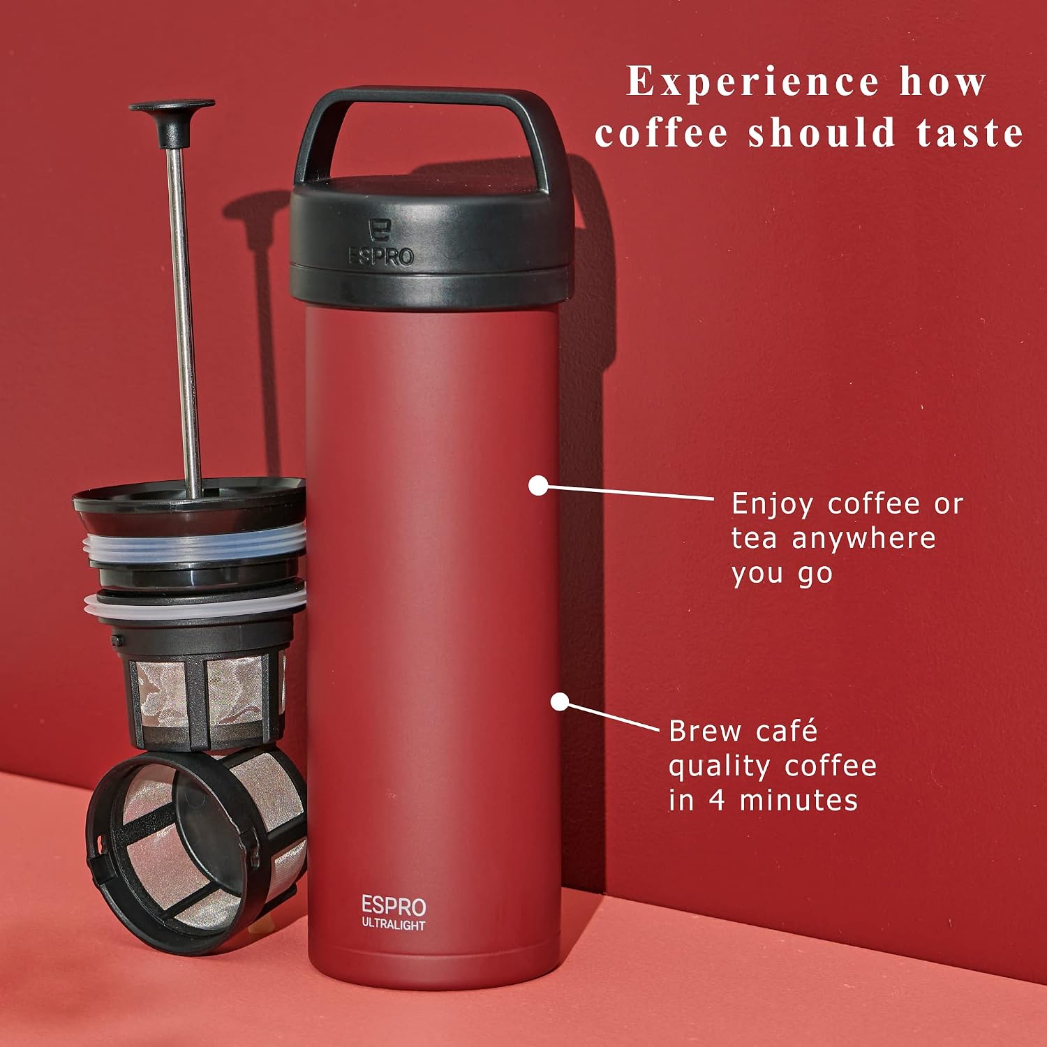 ESPRO Go P0 Ultralight French Press Coffee Maker for Travel, Vacuum Insulated Stainless Steel, 16 Ounces, Matte Meteorite Black