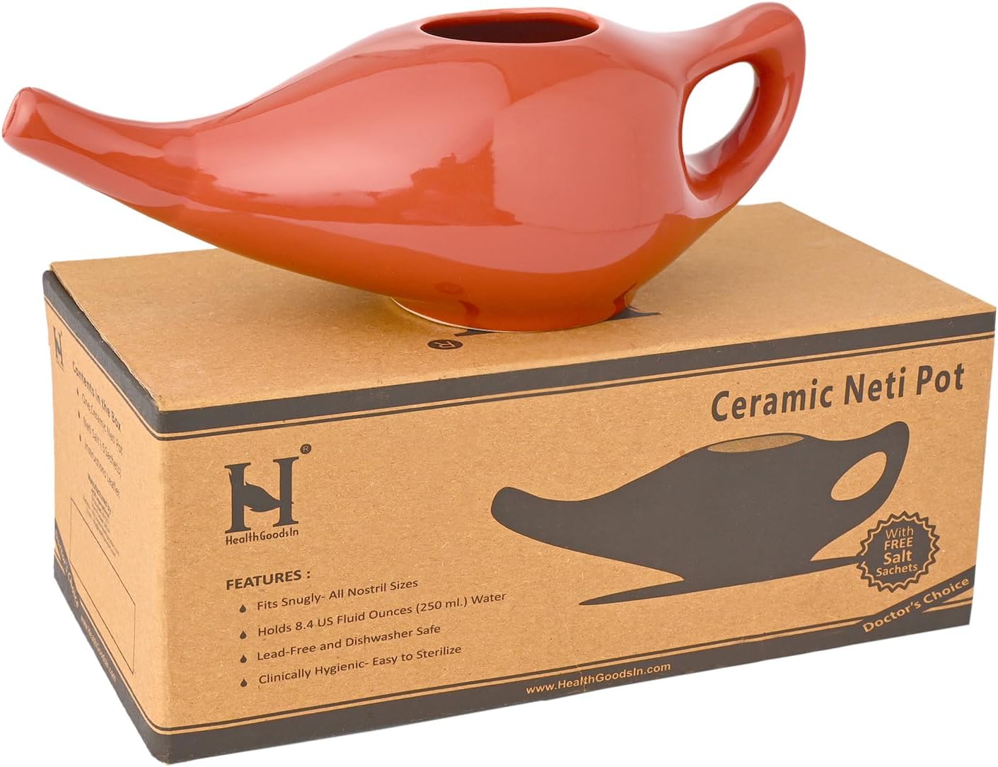 HealthGoodsIn Ceramic Neti Pot, Dishwasher Safe, Premium Handcrafted with 2 Silicone Nozzle and Salt for Sinus - 225 Ml. Capacity (Brown)