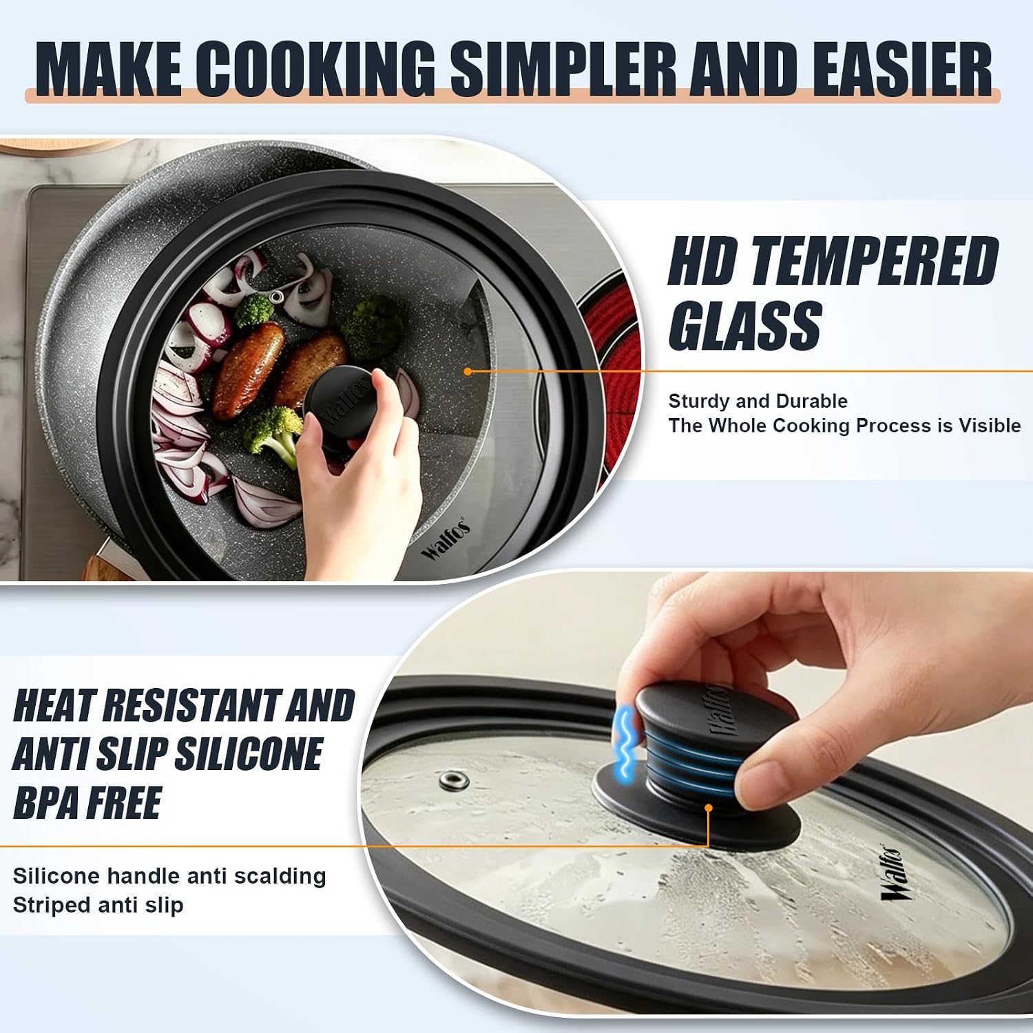 Universal Lid for Pots, Pans and Skillets - Tempered Glass with Heat Resistant Silicone Rim, Fits 10", 11" and 12" Diameter Cookware, Round