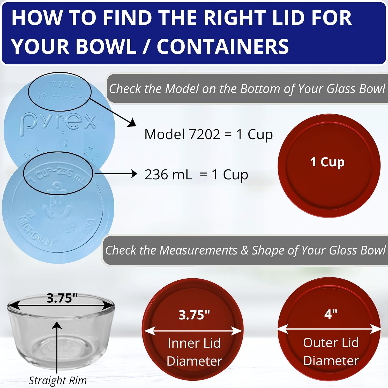 1, 2, 4 & 7 Cup Green, Orange, Blue, Red Replacement Lids/Covers for Pyrex