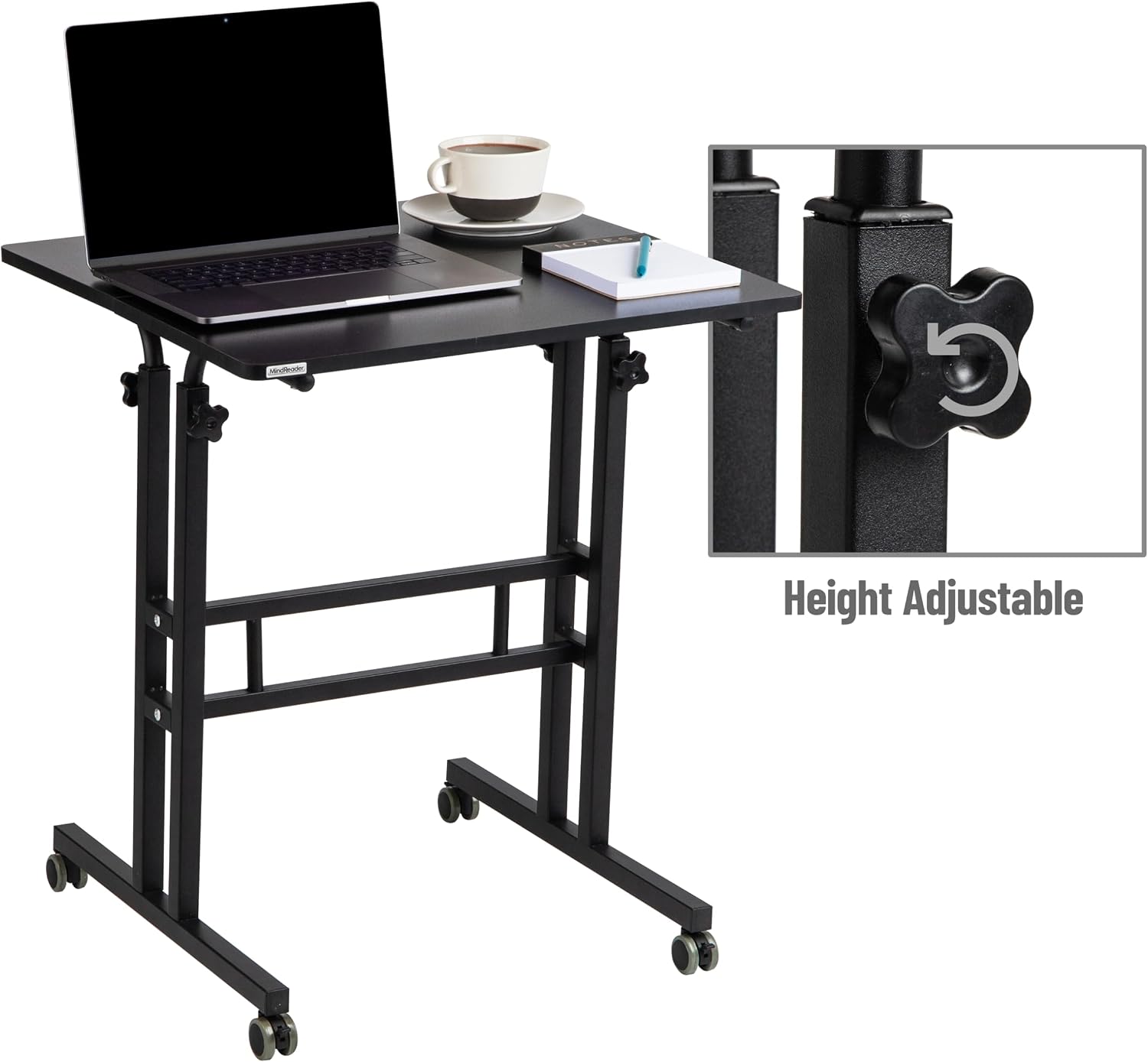 Mind Reader Standing Desk, Adjustable Height Laptop Workstation, Portable Rolling Desk on Wheels, Two-Tier Metal Frame, Black