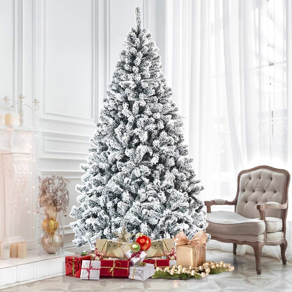 ReunionG 7.5FT Snow Christmas Tree, Artificial Flocked Hinged Pine Tree, Holiday Decoration Tree with Premium PVC Needles and Solid Metal Stand