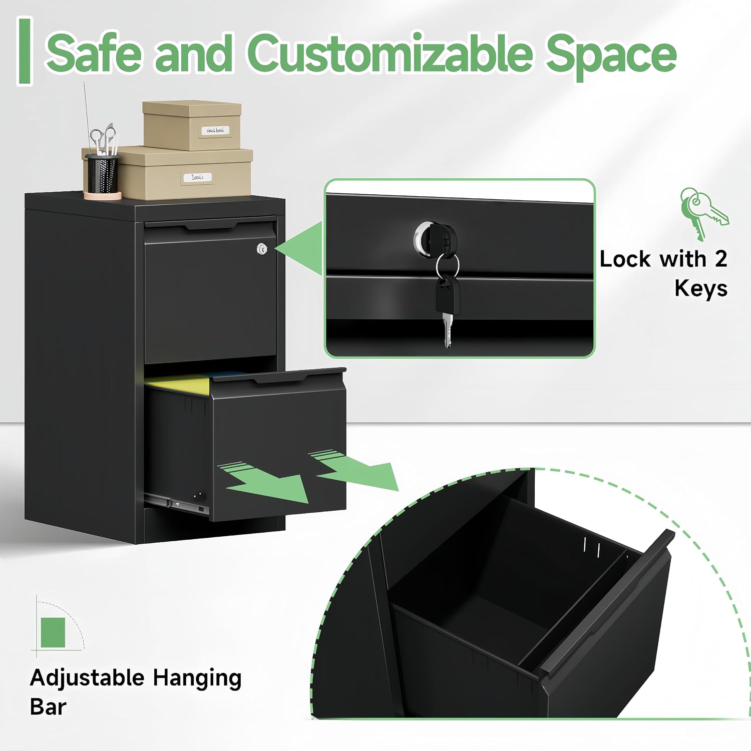 3 Drawer File Cabinet with Lock,Filing Cabinets for Home Office,Metal Small File Cabinet for Letters/Legal/A4 Size, Assembly Required,Black 3 Drawer-15 W